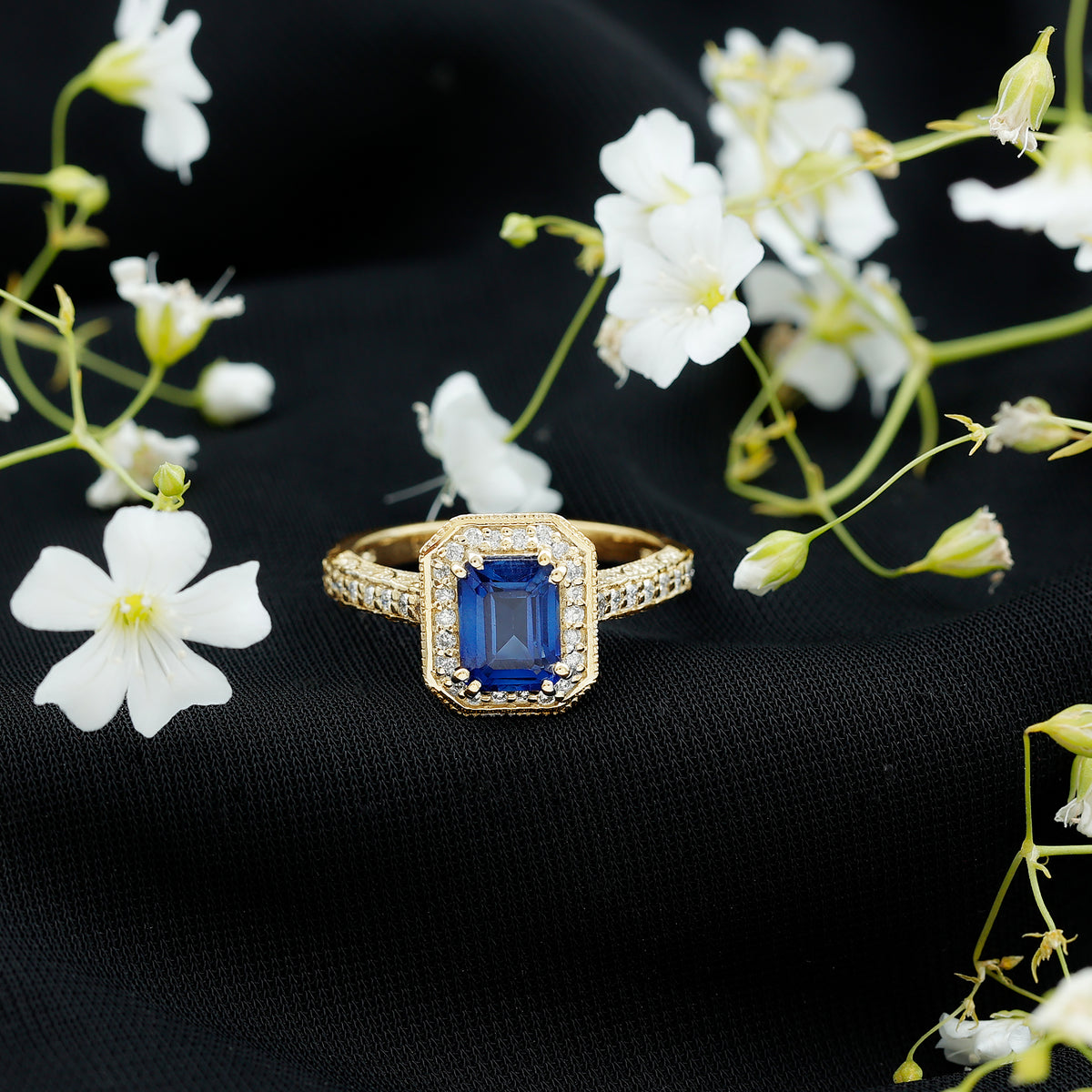 Certified 1.7 Carat Lab Grown Blue Sapphire Emerald Cut Engagement Ring with Diamond Halo AAAA - Rosec Jewels