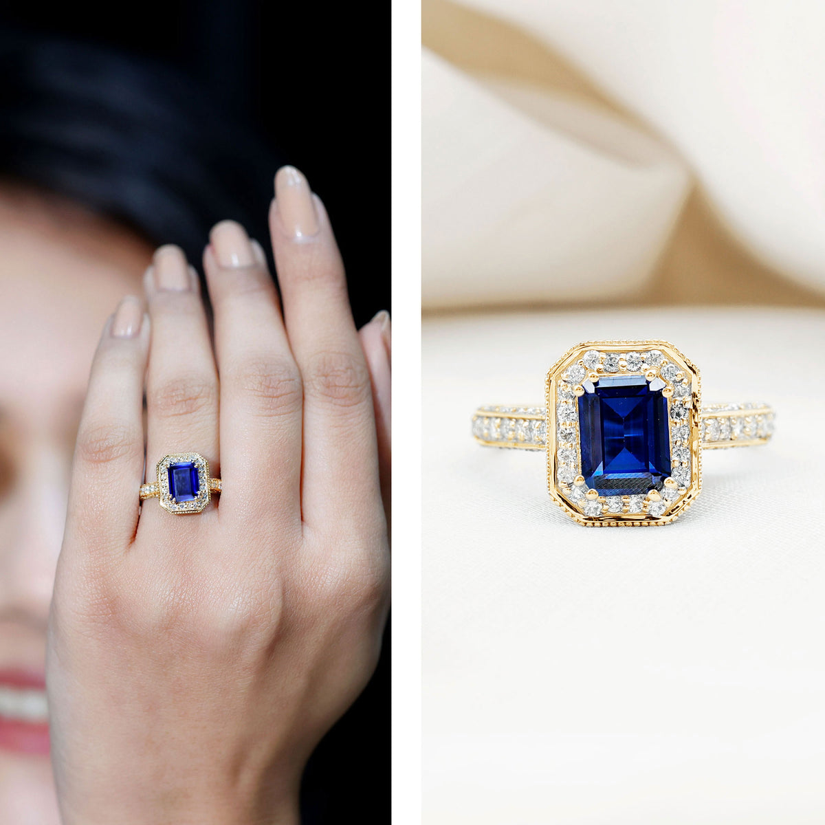 Certified 1.7 Carat Lab Grown Blue Sapphire Emerald Cut Engagement Ring with Diamond Halo AAAA - Rosec Jewels