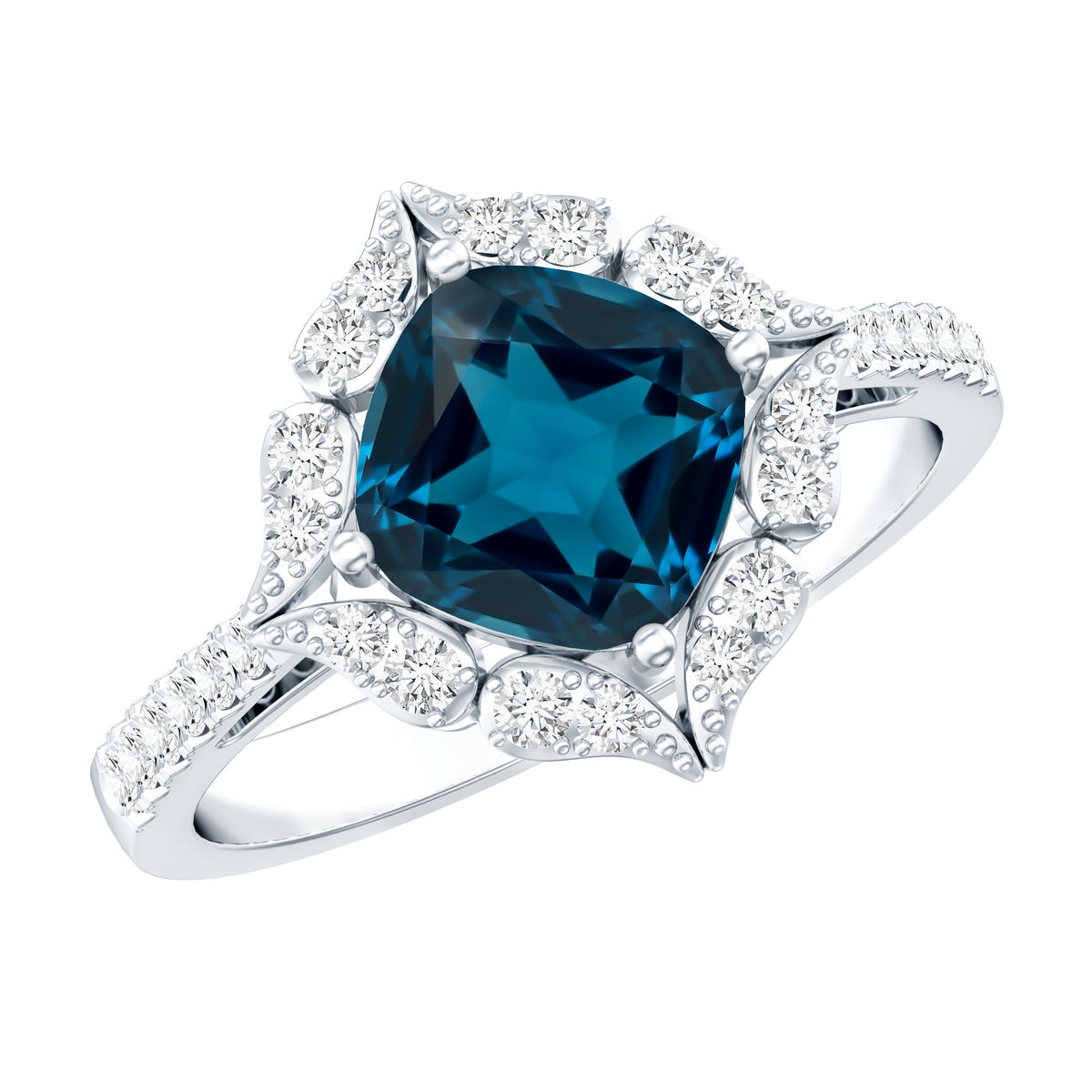 2.8 Carat Cushion Cut London Blue Topaz Nature Engagement Ring with Diamond Halo AAA - Rosec Jewels