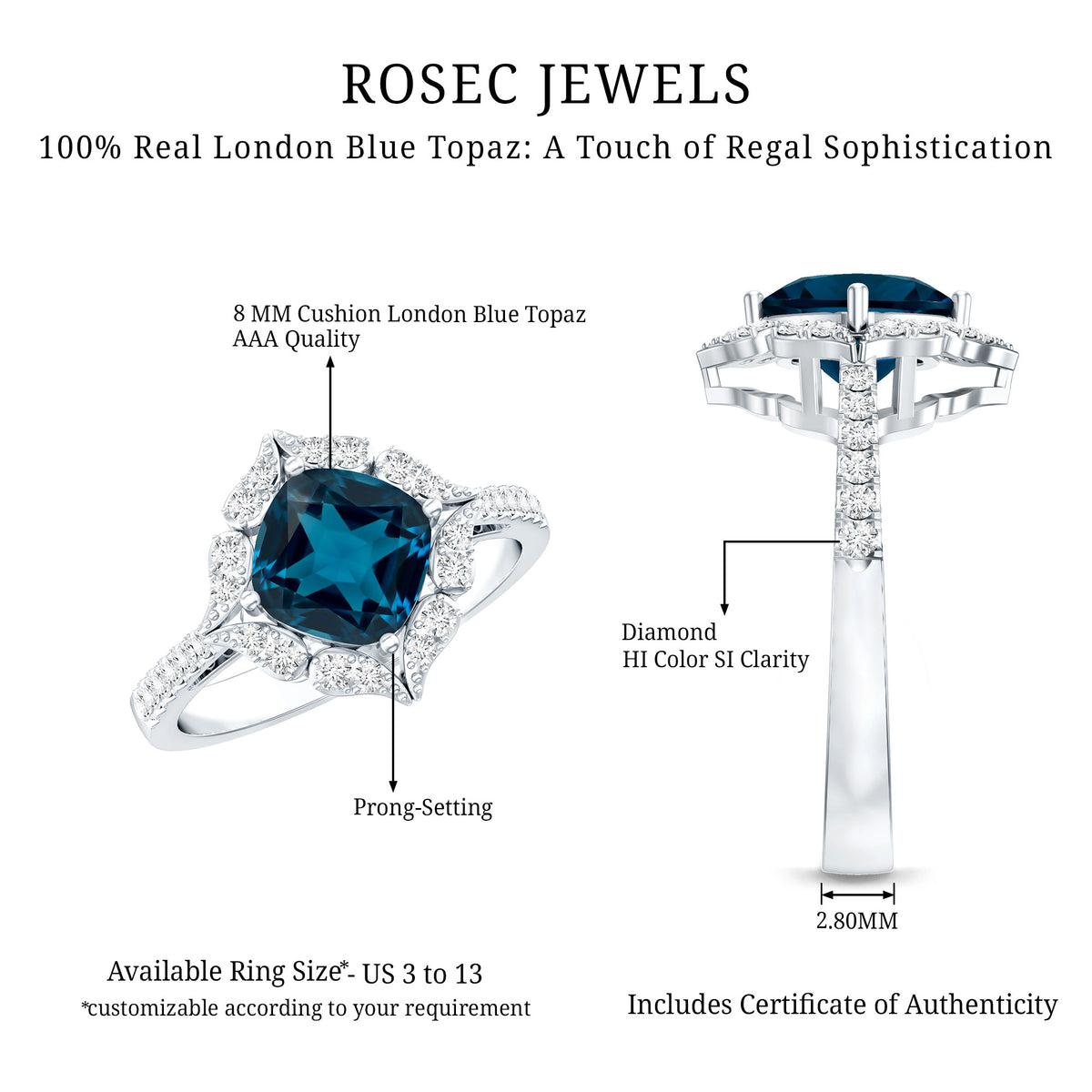 2.8 Carat Cushion Cut London Blue Topaz Nature Engagement Ring with Diamond Halo AAA - Rosec Jewels