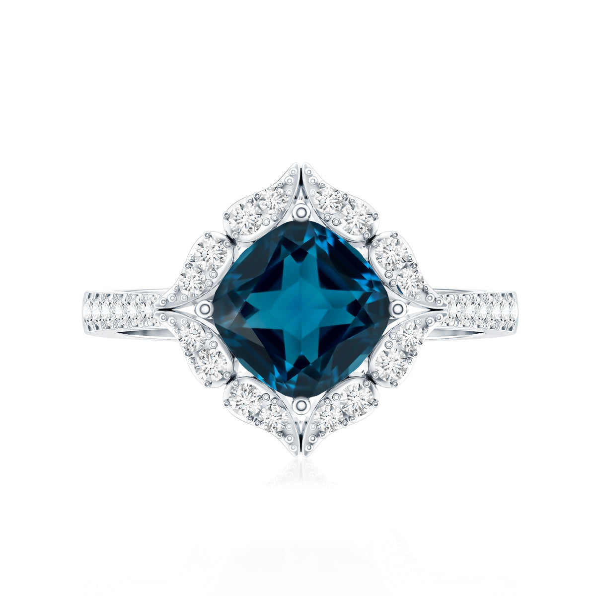 2.8 Carat Cushion Cut London Blue Topaz Nature Engagement Ring with Diamond Halo AAA - Rosec Jewels