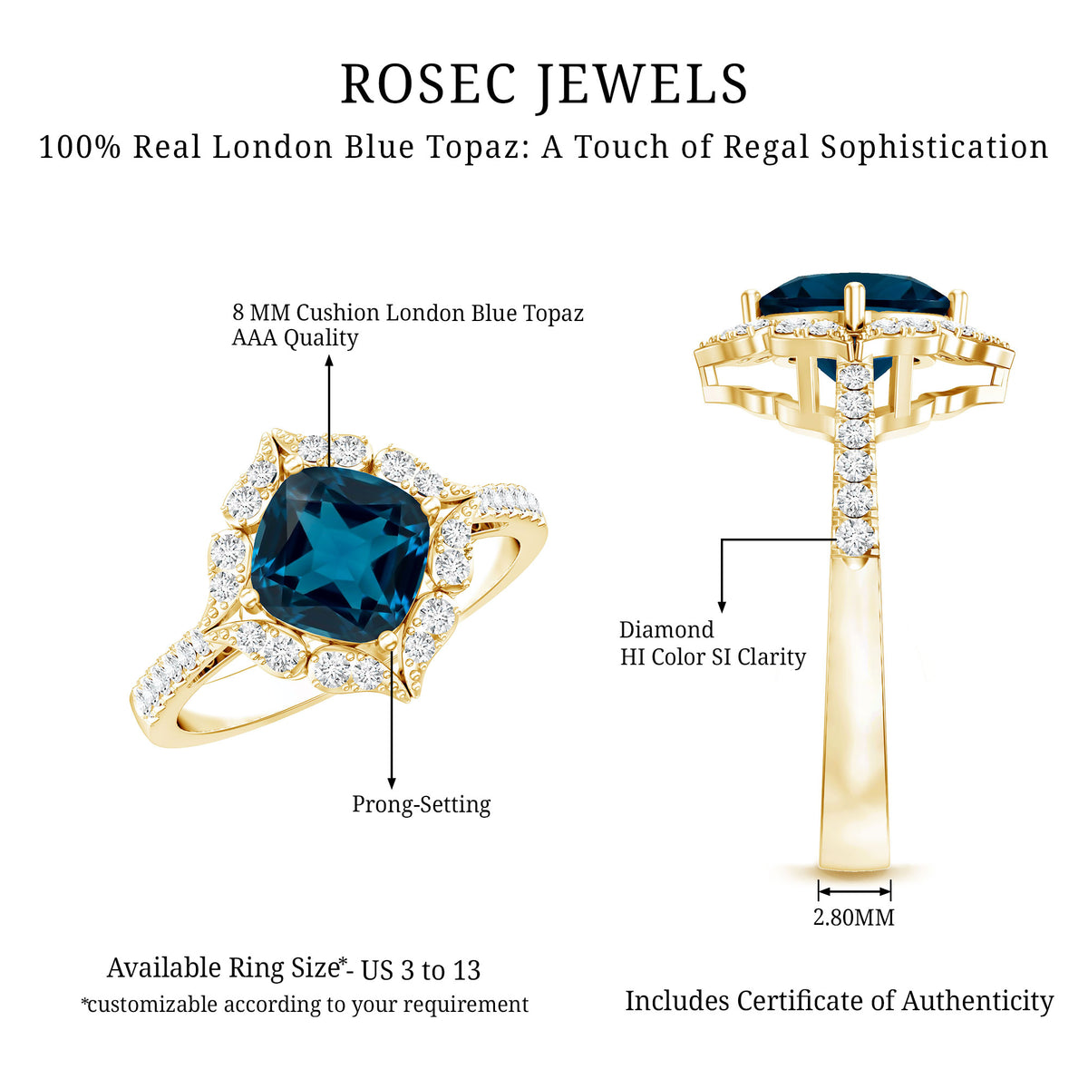 2.8 Carat Cushion Cut London Blue Topaz Nature Engagement Ring with Diamond Halo AAA - Rosec Jewels