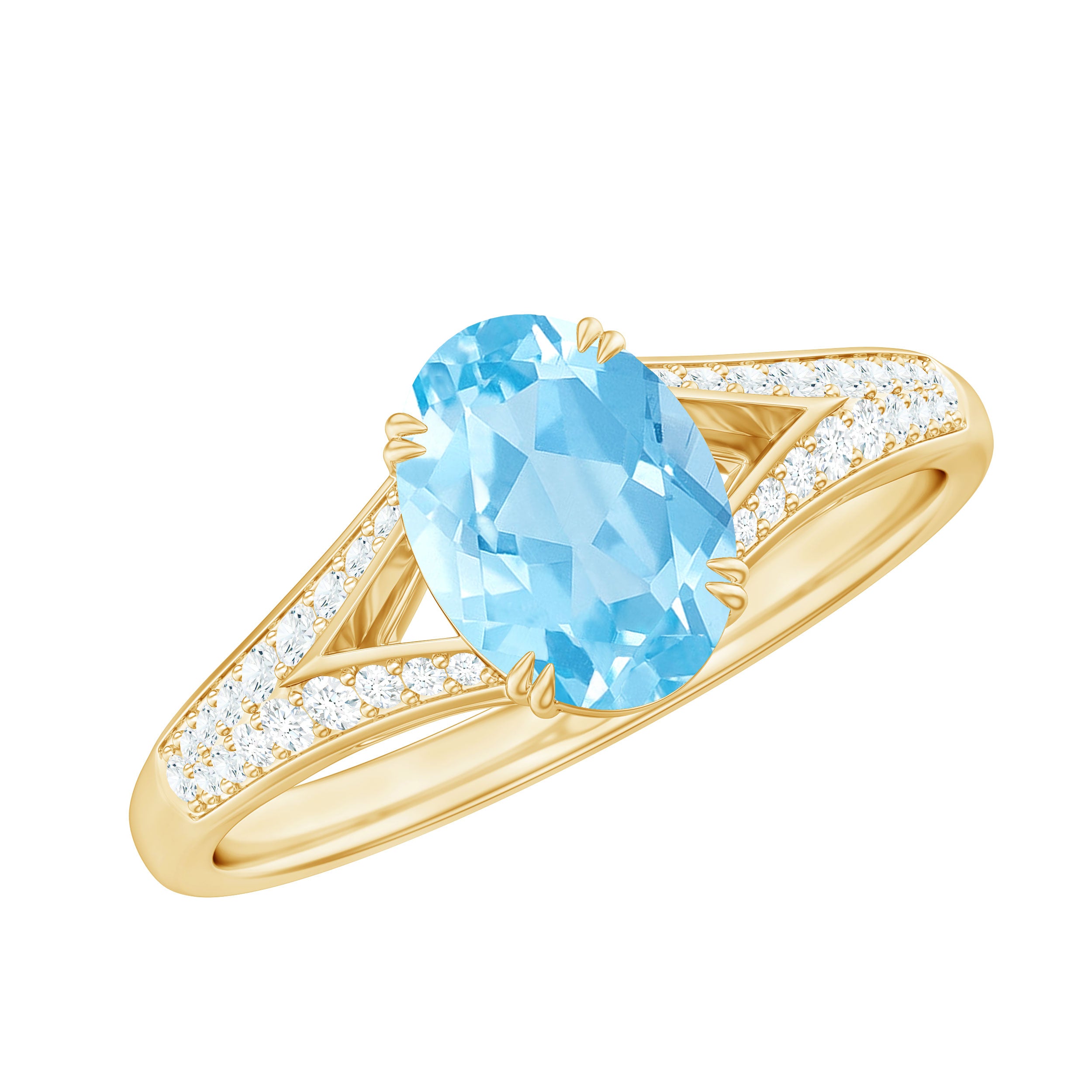 Rosec Jewels-Genuine 1 Carat Oval Aquamarine Engagement Ring with Diamond Split Shank