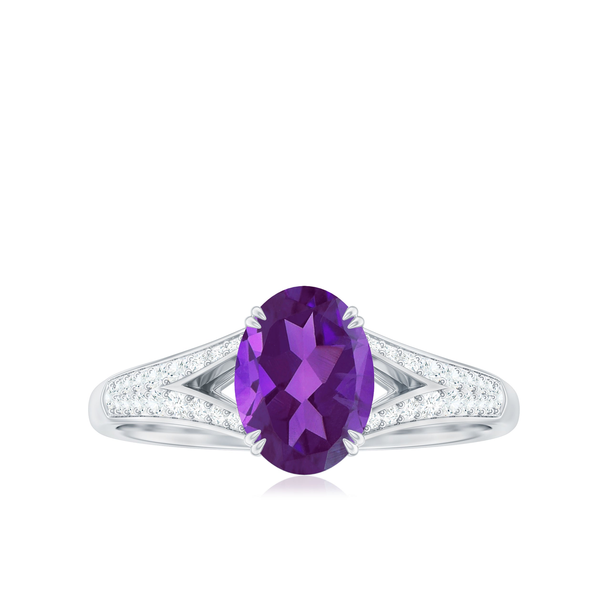 1.25 CT Split Shank Oval Amethyst Solitaire Engagement Ring with Diamond AAA - Rosec Jewels