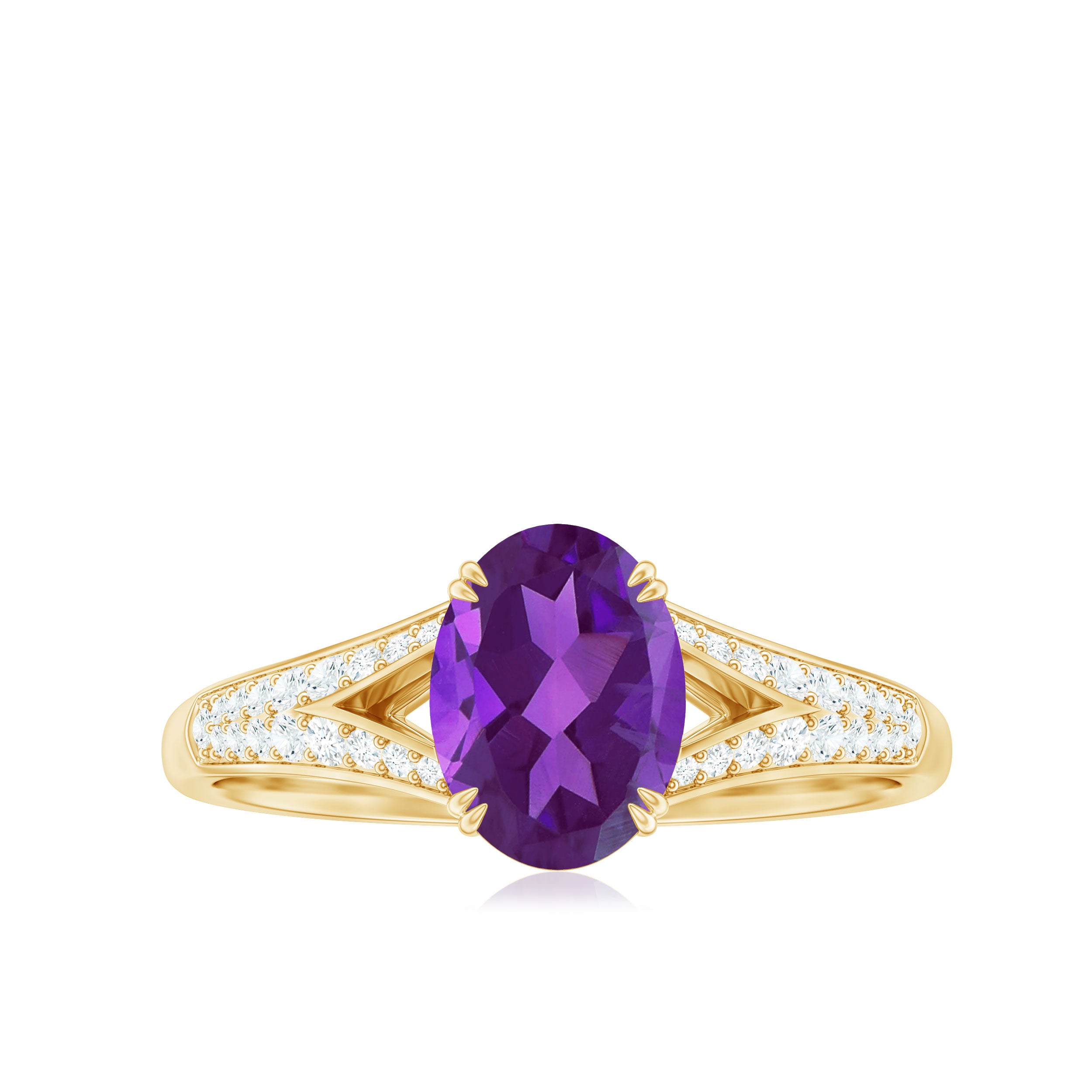 1.25 CT Split Shank Oval Amethyst Solitaire Engagement Ring with Diamond AAA - Rosec Jewels