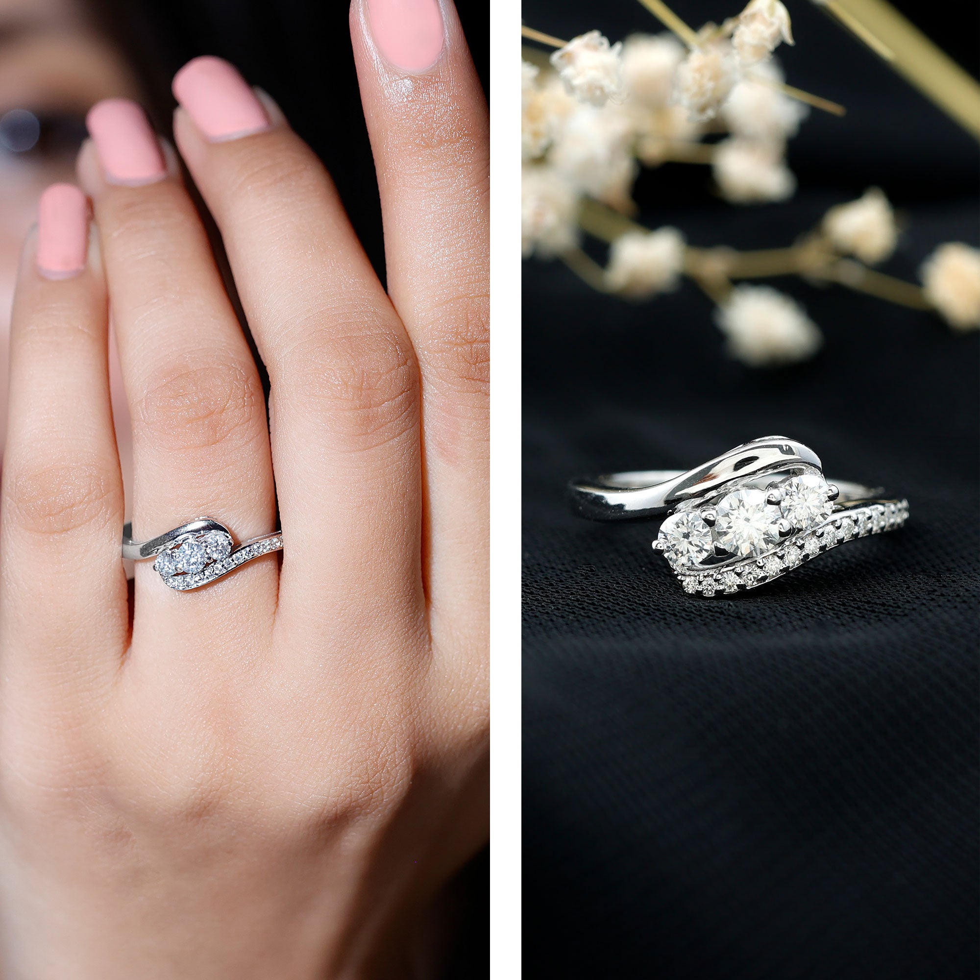 Certified Moissanite Three Stone Engagement Ring with Bypass Shank D-VS1 - Rosec Jewels