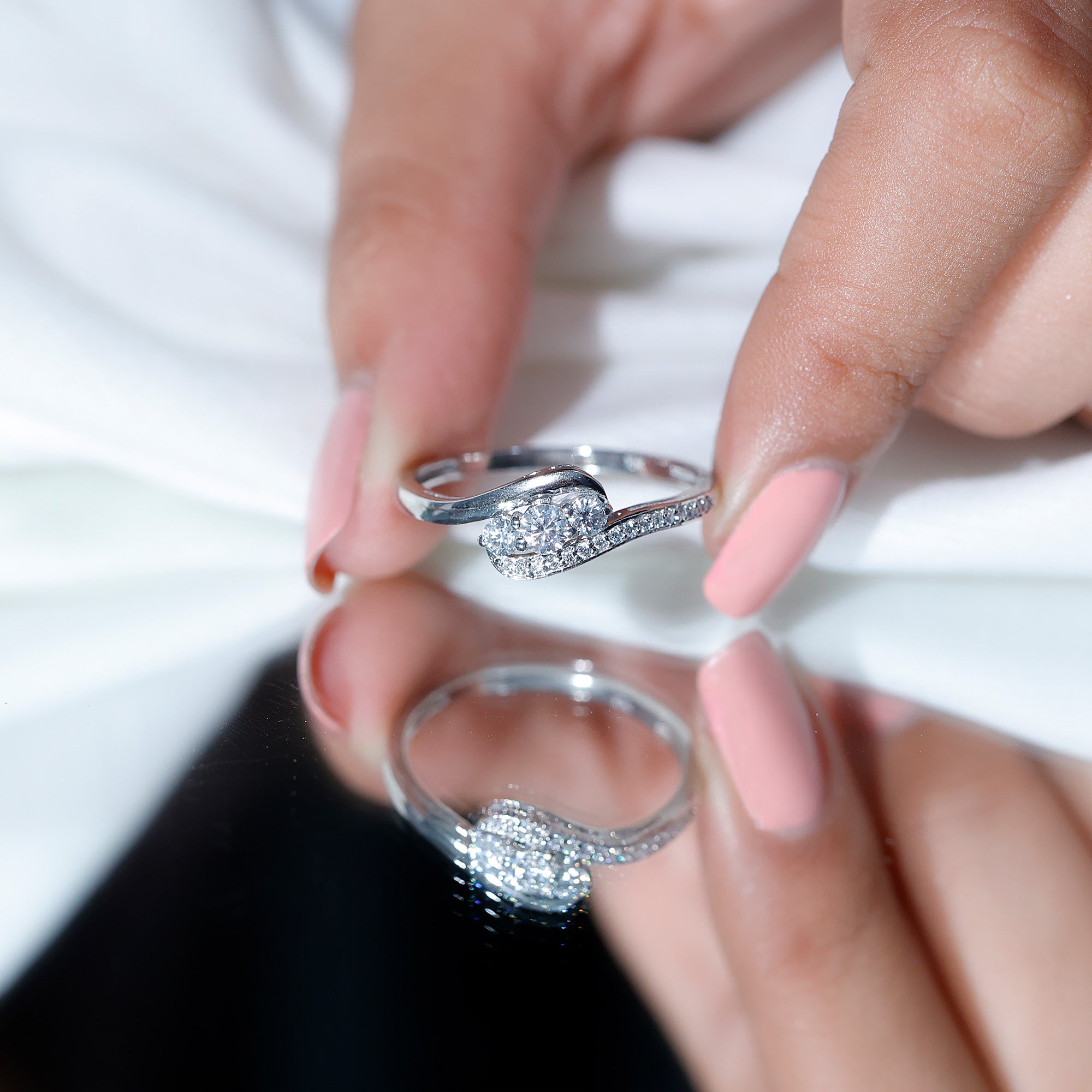 Certified Moissanite Three Stone Engagement Ring with Bypass Shank D-VS1 - Rosec Jewels