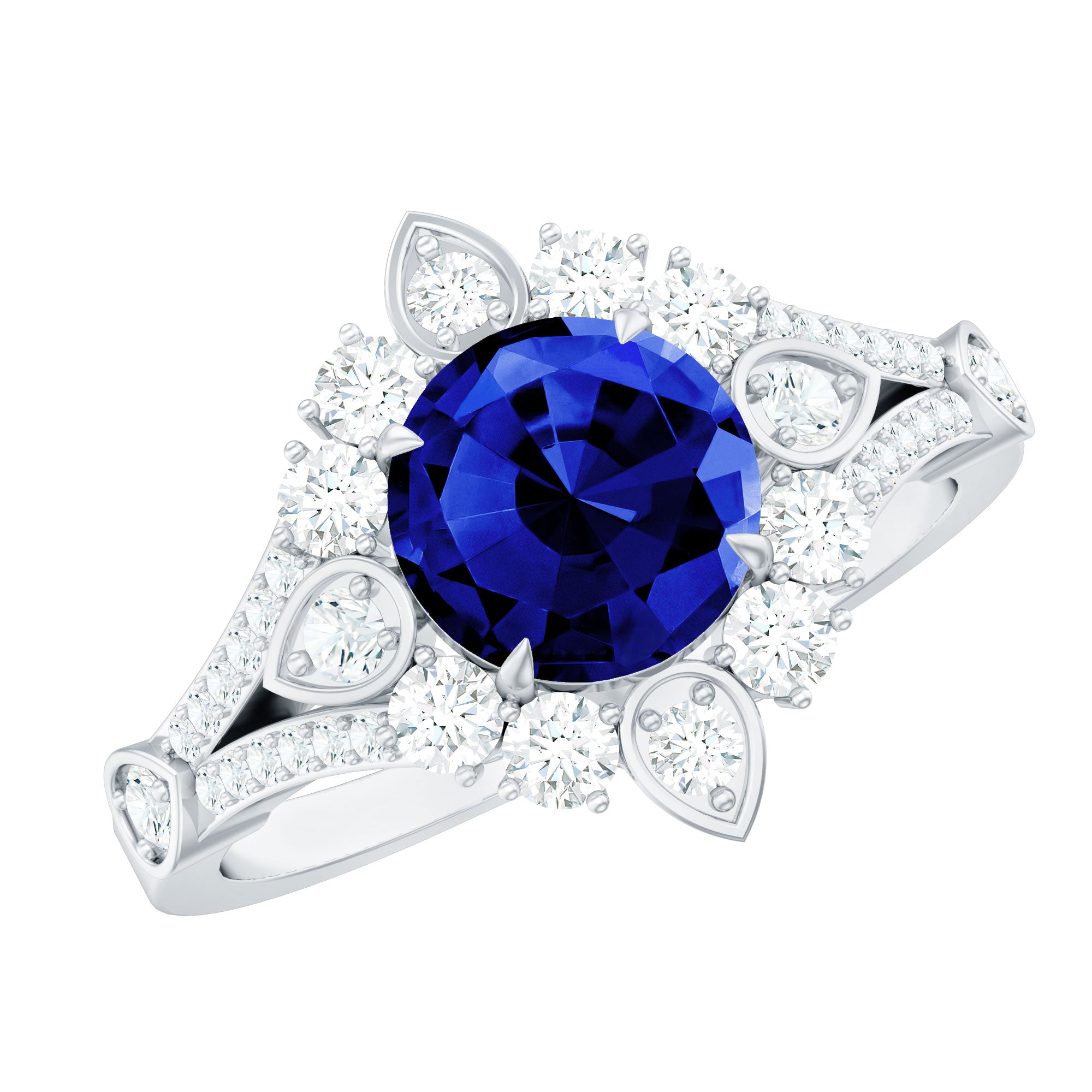 Certified 2.7 Carat Lab Grown Blue Sapphire Flower Engagement Ring with Diamond AAAA - Rosec Jewels