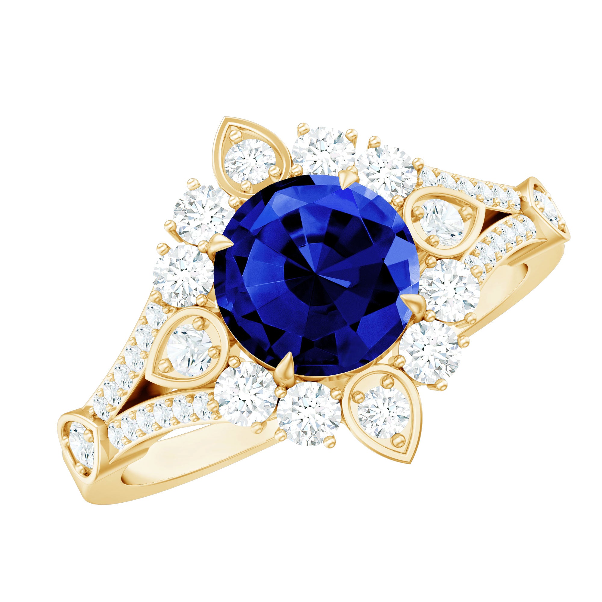 Certified 2.7 Carat Lab Grown Blue Sapphire Flower Engagement Ring with Diamond AAAA - Rosec Jewels