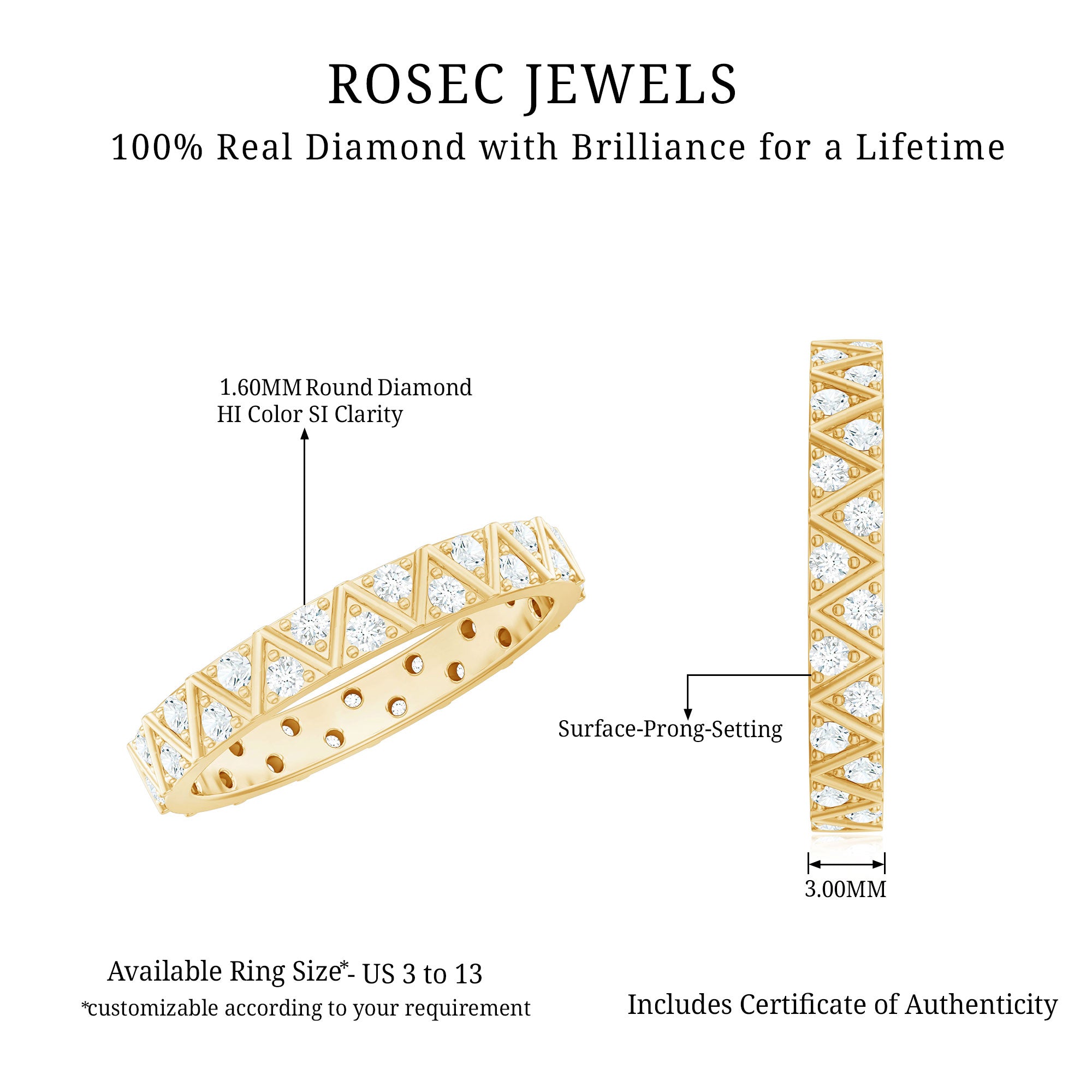 Diamond Band Ring in Surface Prong Set Natural - ( HI-SI ) - Rosec Jewels
