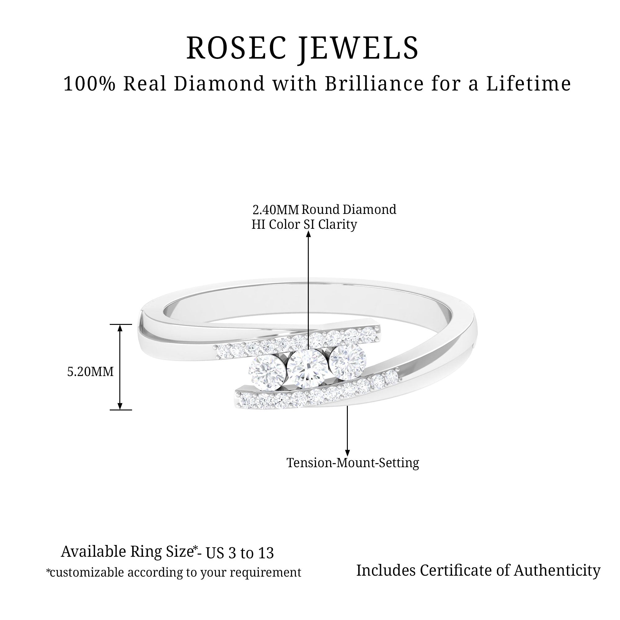 Round Diamond Three Stone Bypass Ring Diamond - ( HI-SI ) - Color and Clarity - Rosec Jewels