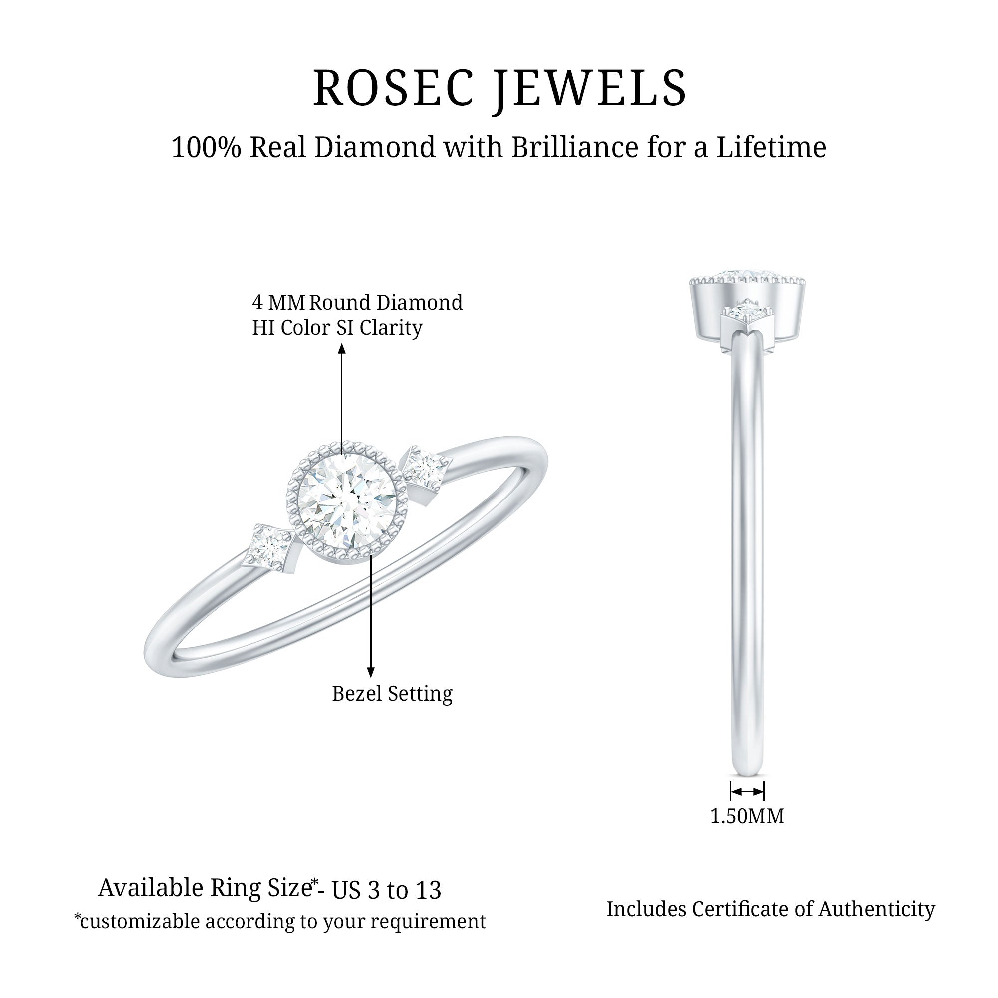 Minimal Diamond Promise Ring in Bezel Setting Natural - ( HI-SI ) - Rosec Jewels