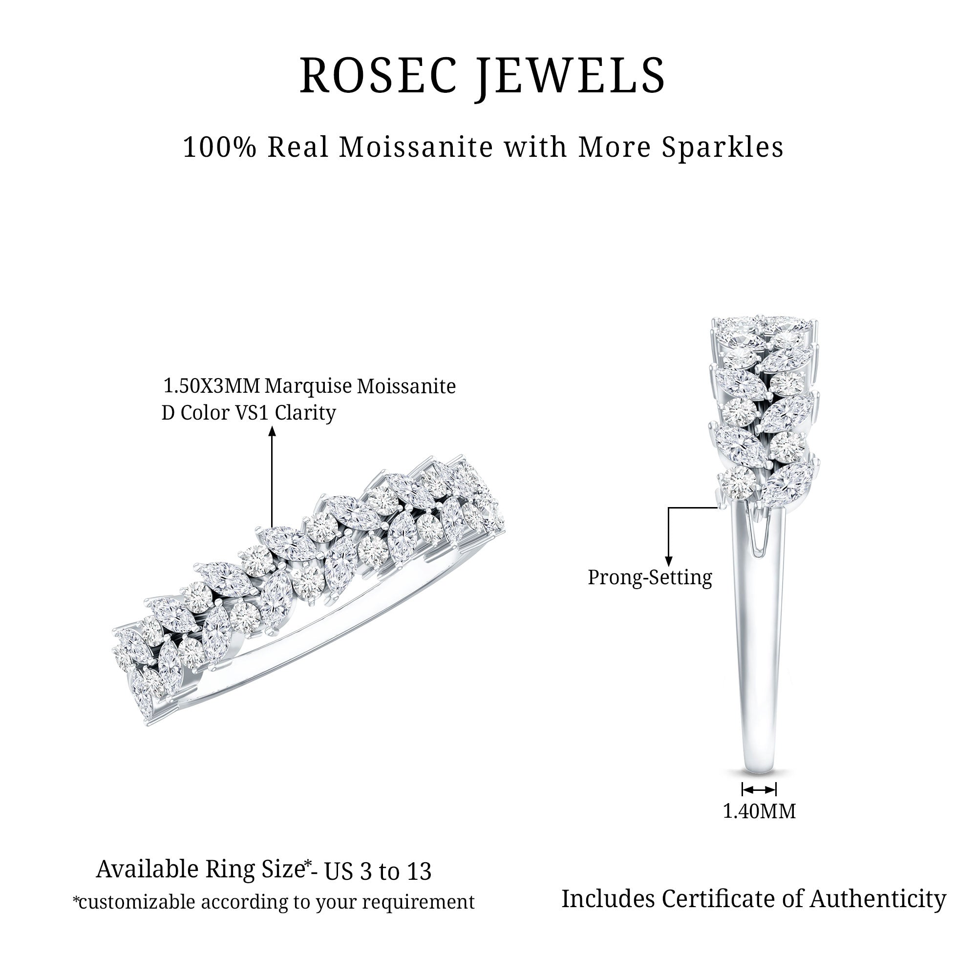 Marquise and Round Moissanite Half Eternity Ring D-VS1 - Rosec Jewels