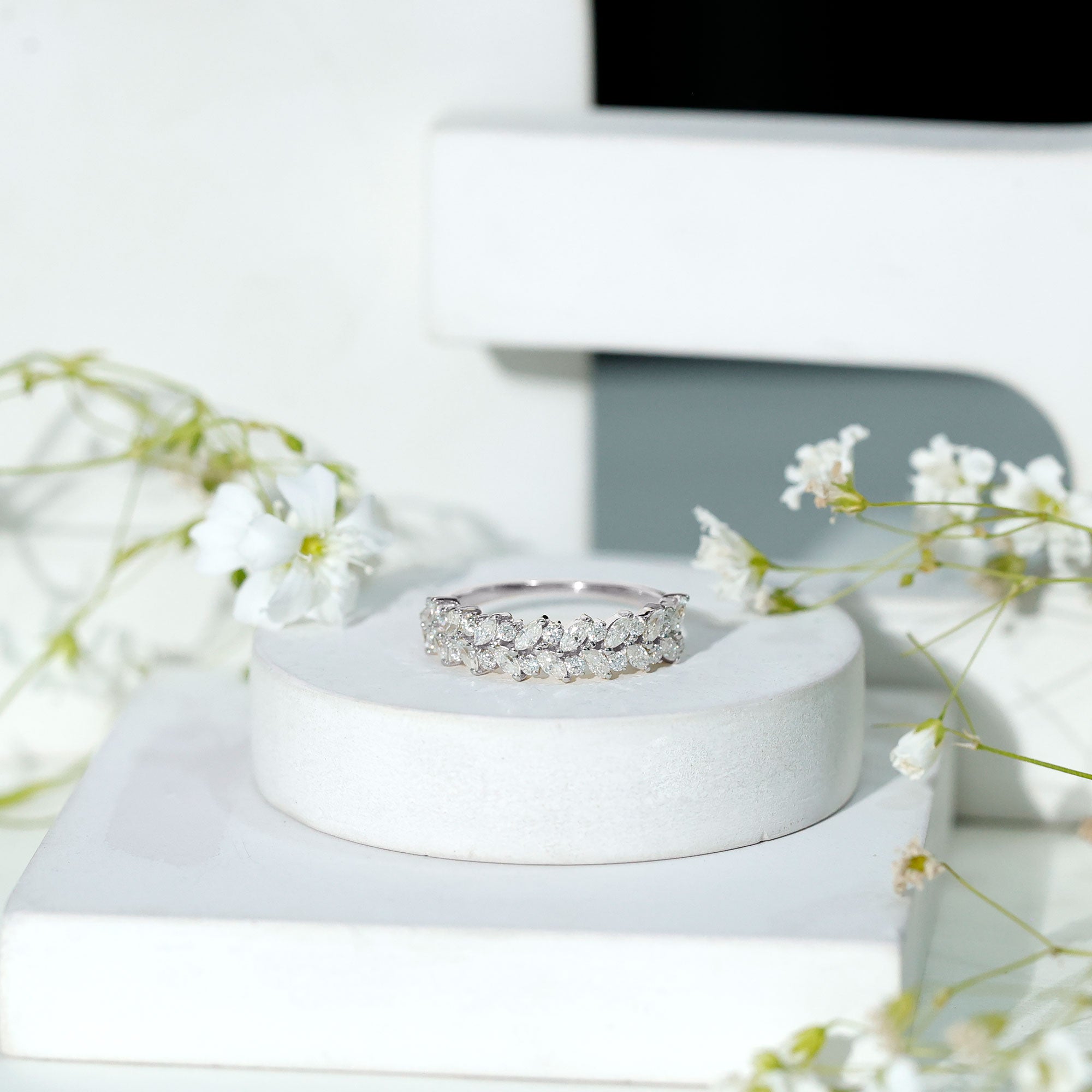 Marquise and Round Moissanite Half Eternity Ring D-VS1 - Rosec Jewels