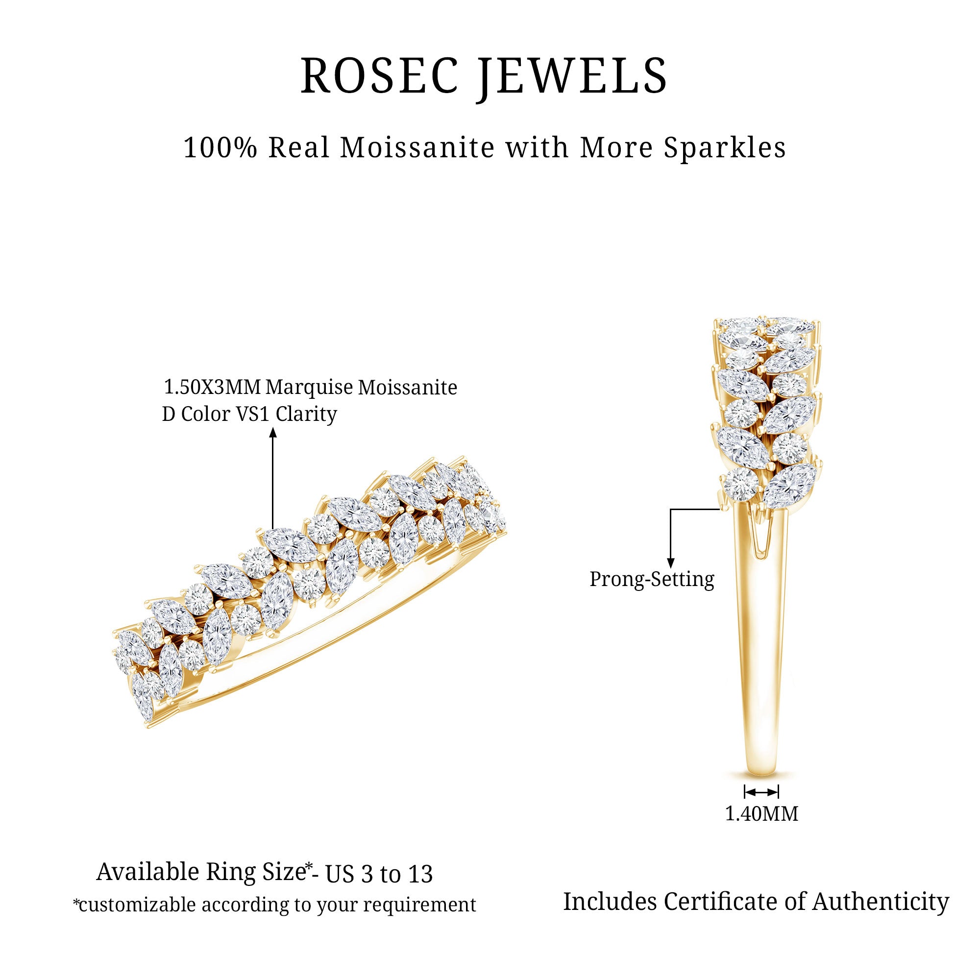 Marquise and Round Moissanite Half Eternity Ring D-VS1 - Rosec Jewels