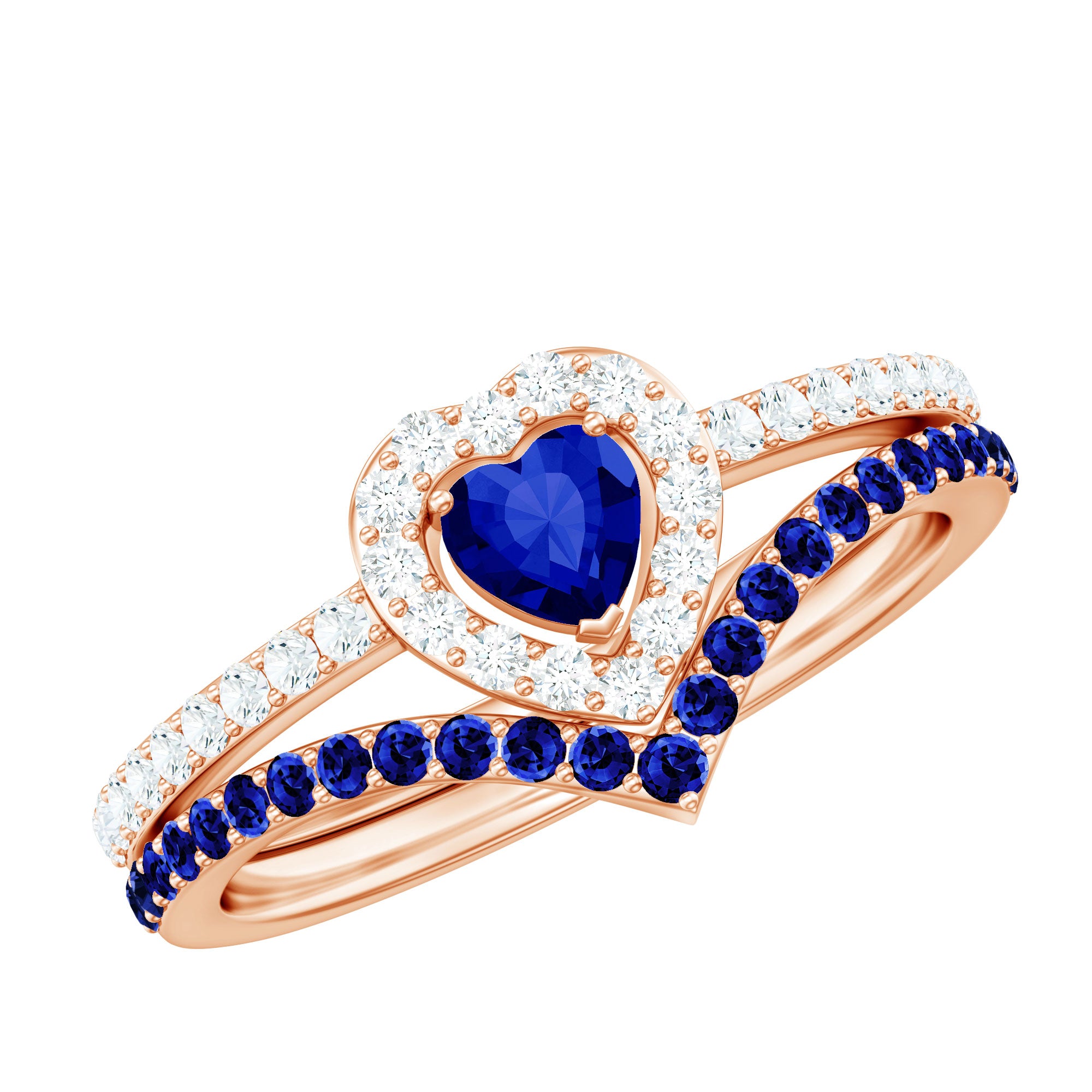 Certified Lab Grown Blue Sapphire Heart Engagement Ring Set with Real Diamond AAAA - Rosec Jewels