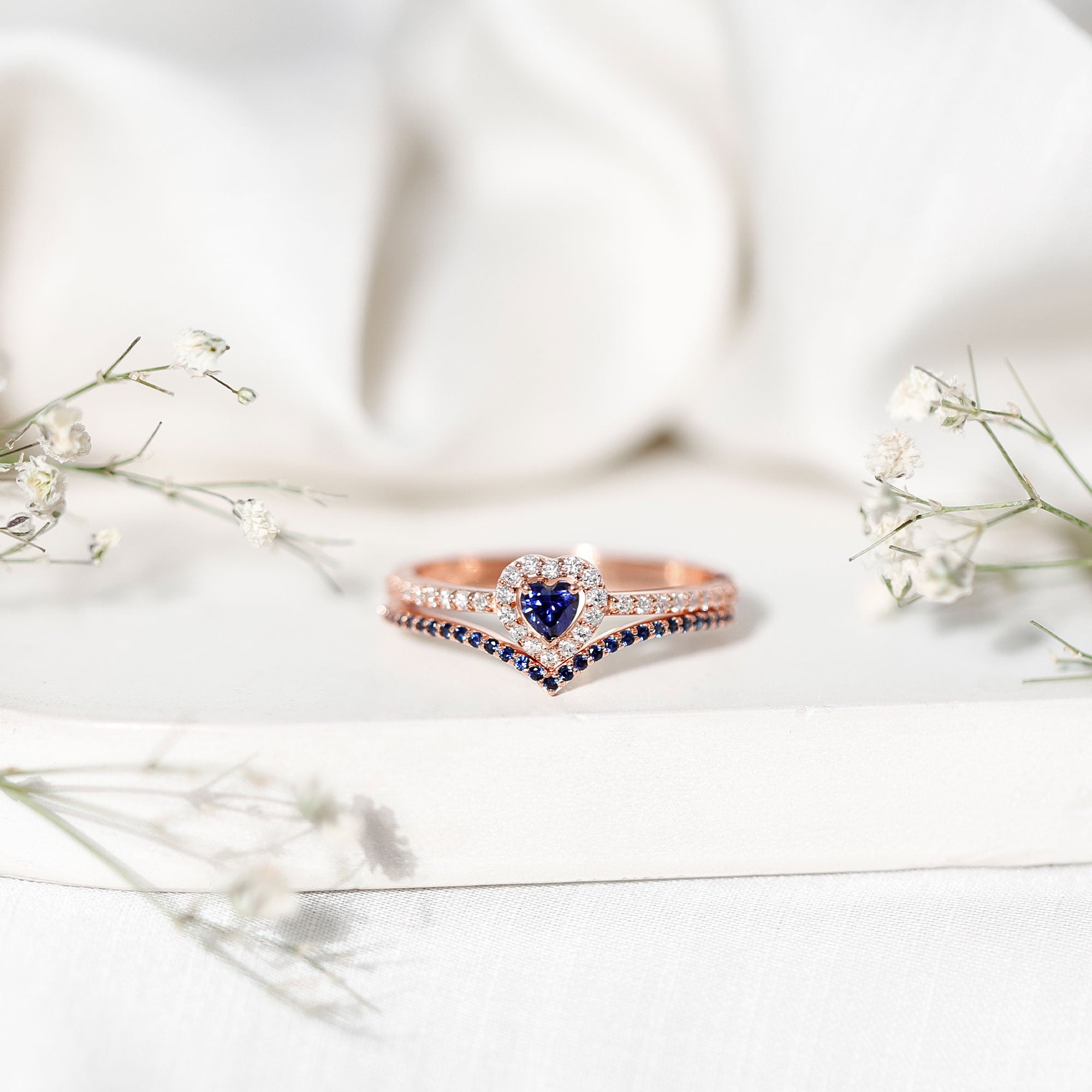 Certified Lab Grown Blue Sapphire Heart Engagement Ring Set with Real Diamond AAAA - Rosec Jewels