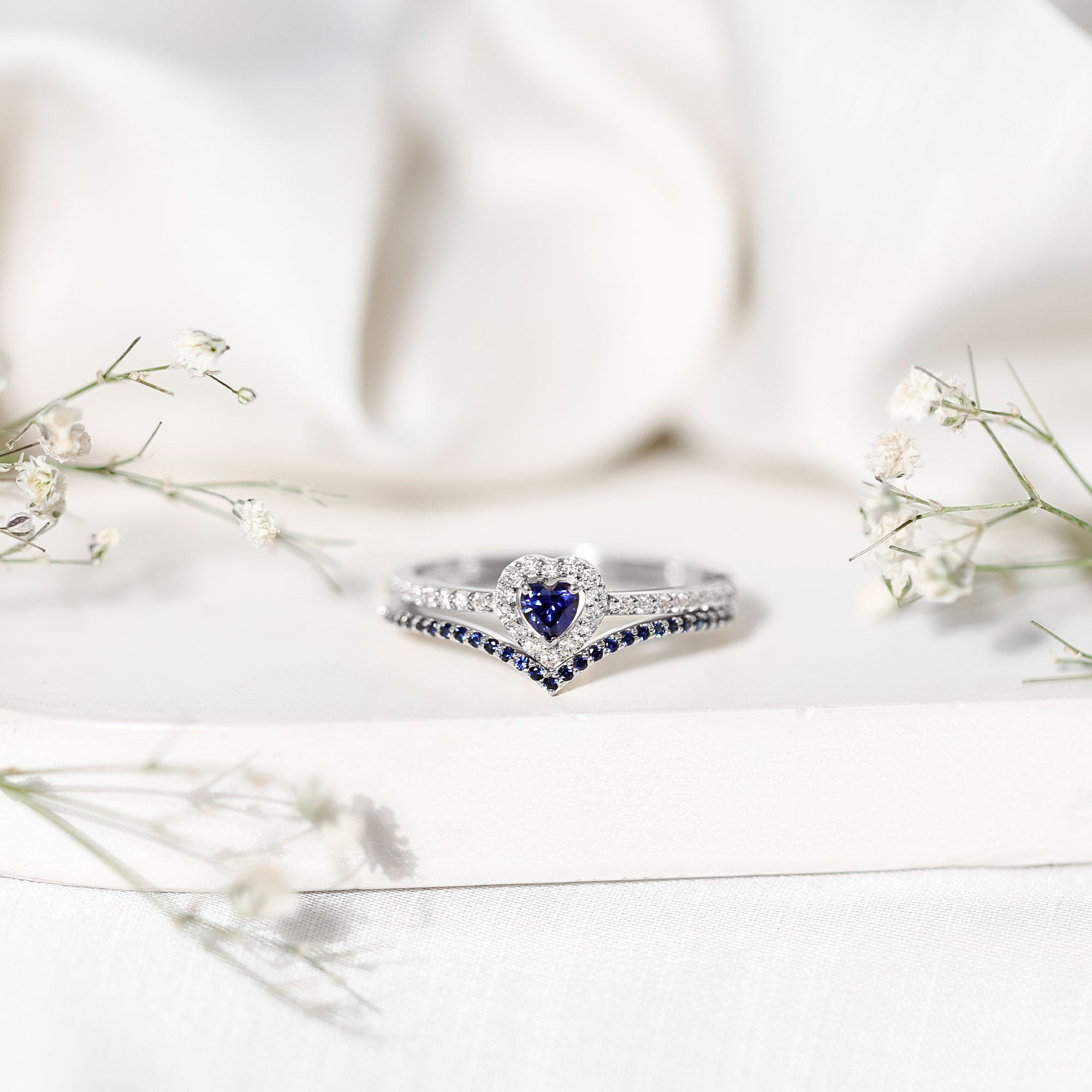 Certified Lab Grown Blue Sapphire Heart Engagement Ring Set with Real Diamond AAAA - Rosec Jewels
