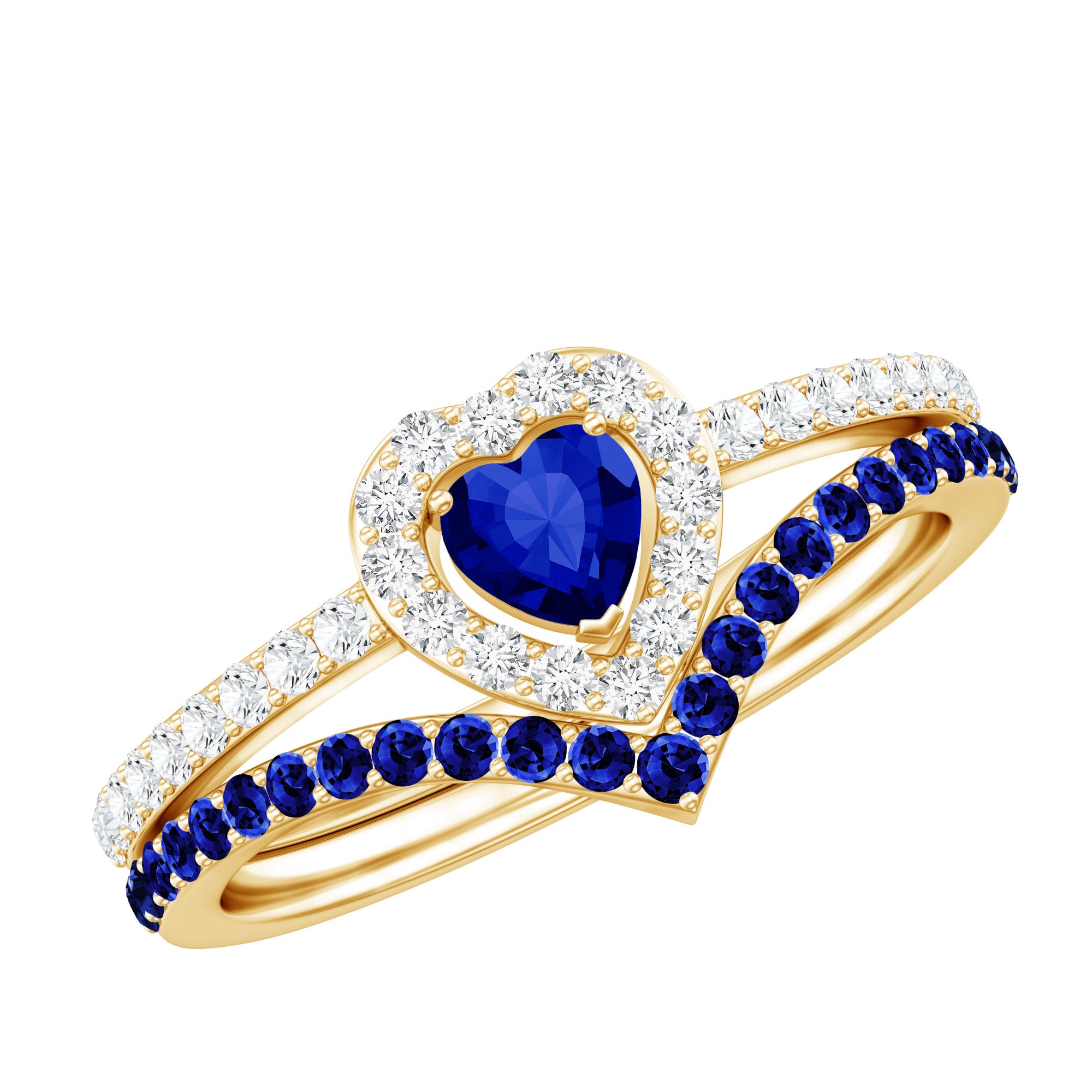 Certified Lab Grown Blue Sapphire Heart Engagement Ring Set with Real Diamond AAAA - Rosec Jewels