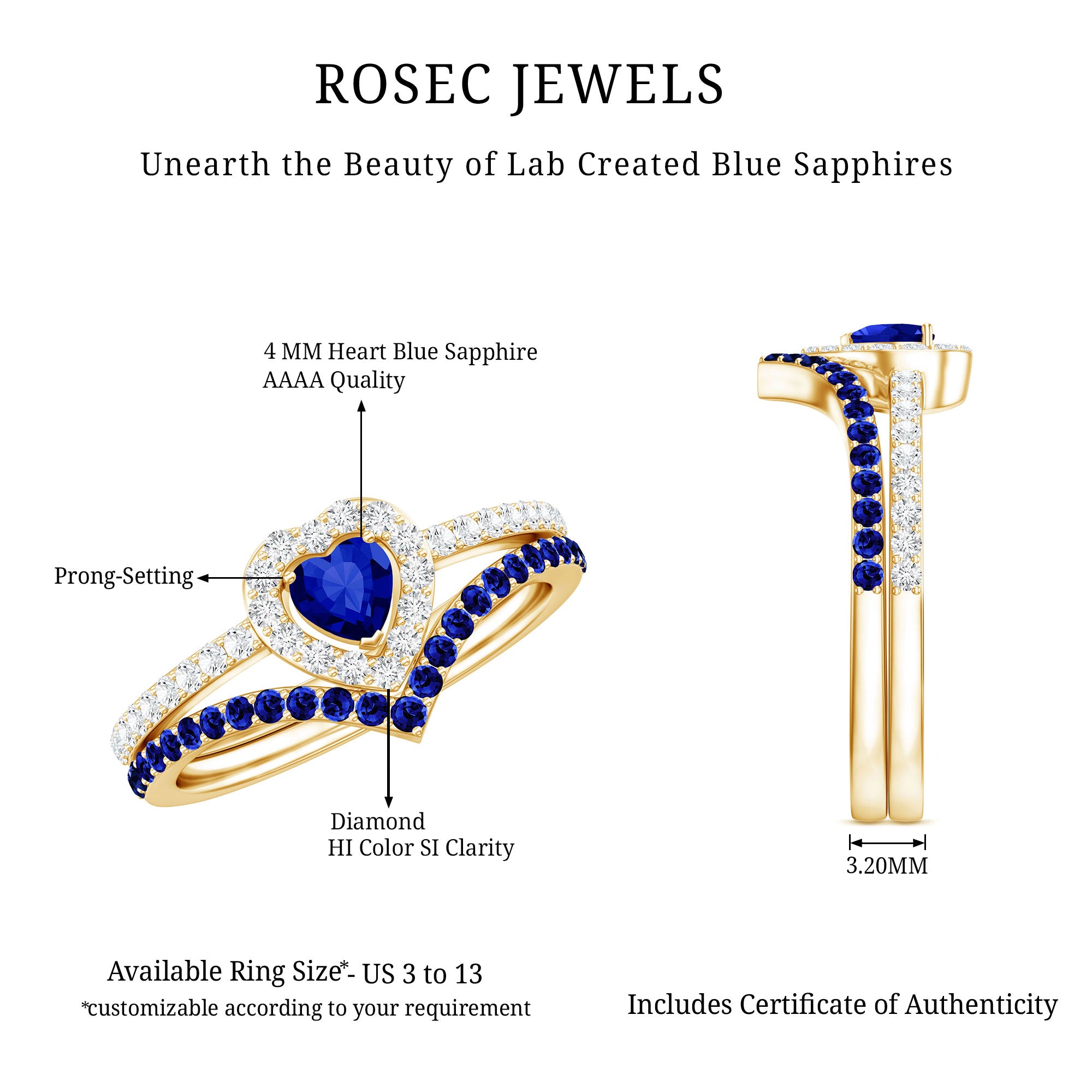 Certified Lab Grown Blue Sapphire Heart Engagement Ring Set with Real Diamond AAAA - Rosec Jewels