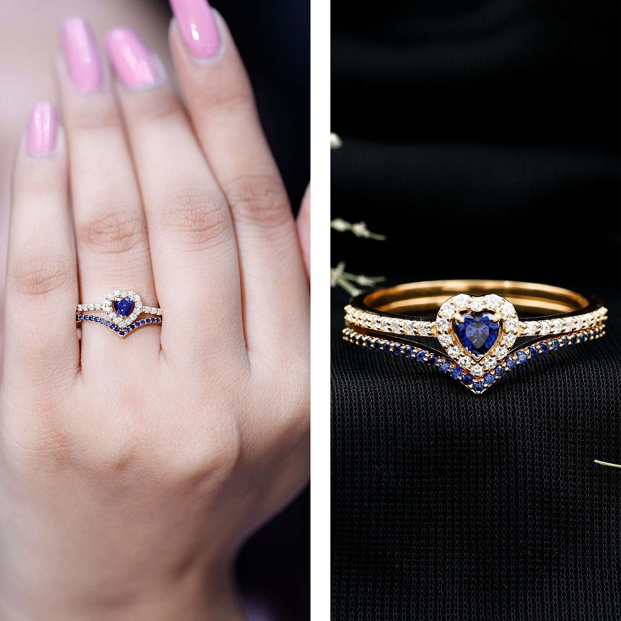 Certified Lab Grown Blue Sapphire Heart Engagement Ring Set with Real Diamond AAAA - Rosec Jewels