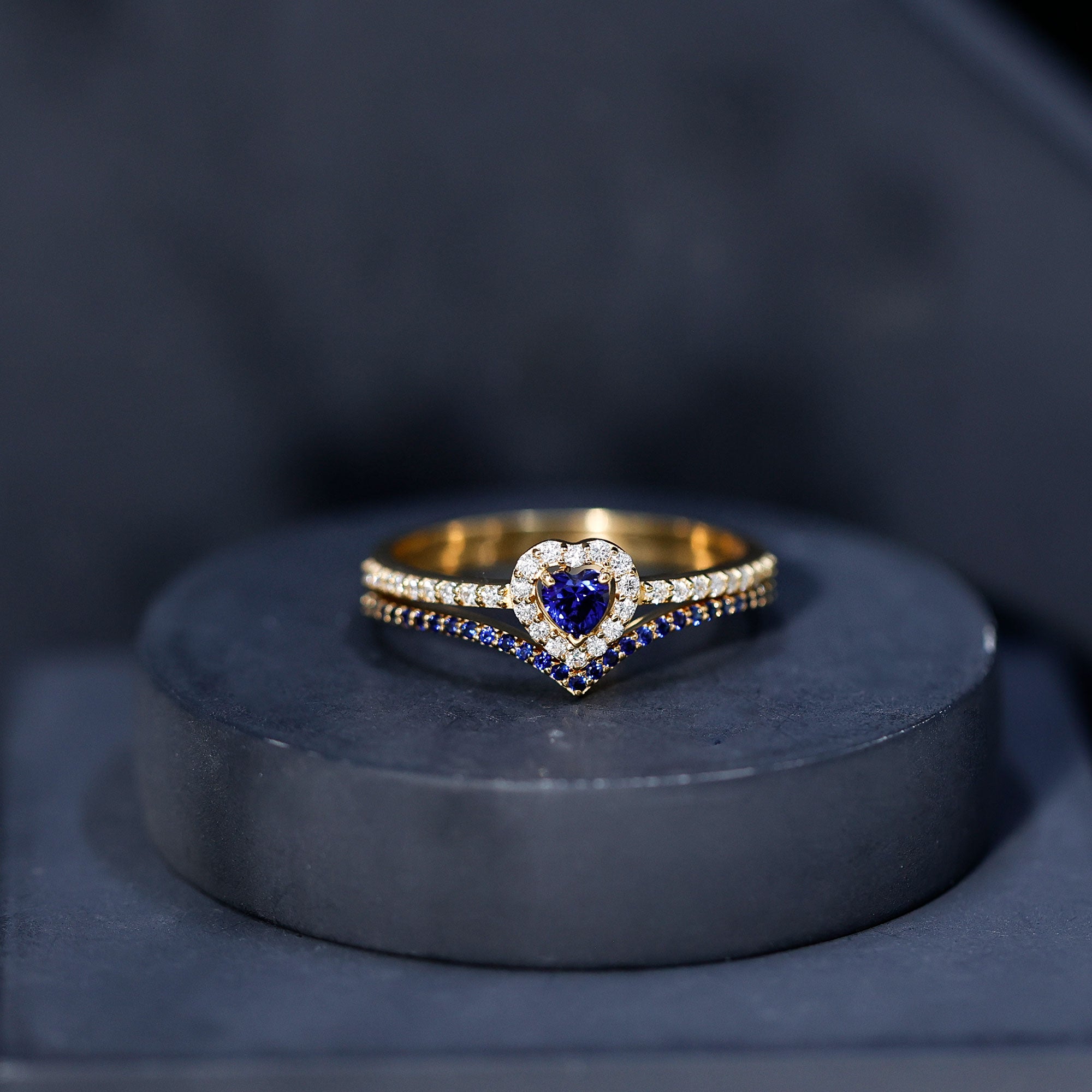 Certified Lab Grown Blue Sapphire Heart Engagement Ring Set with Real Diamond AAAA - Rosec Jewels