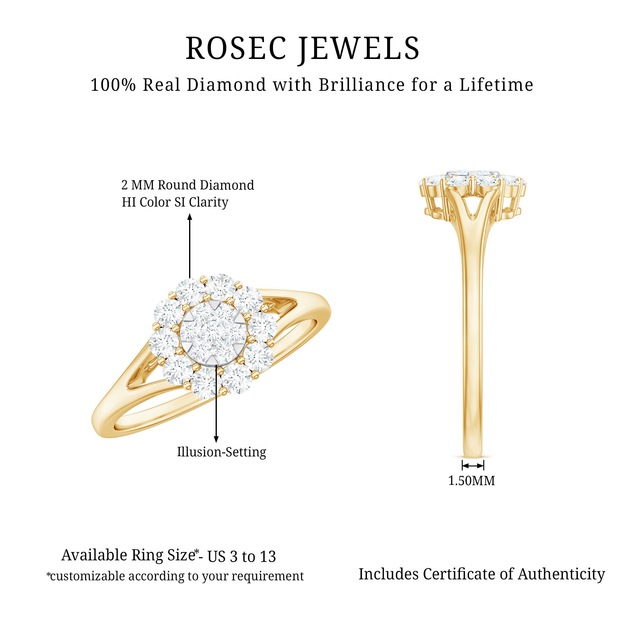 Certified Real Diamond Cluster Ring with Halo Natural - ( HI-SI ) - Rosec Jewels