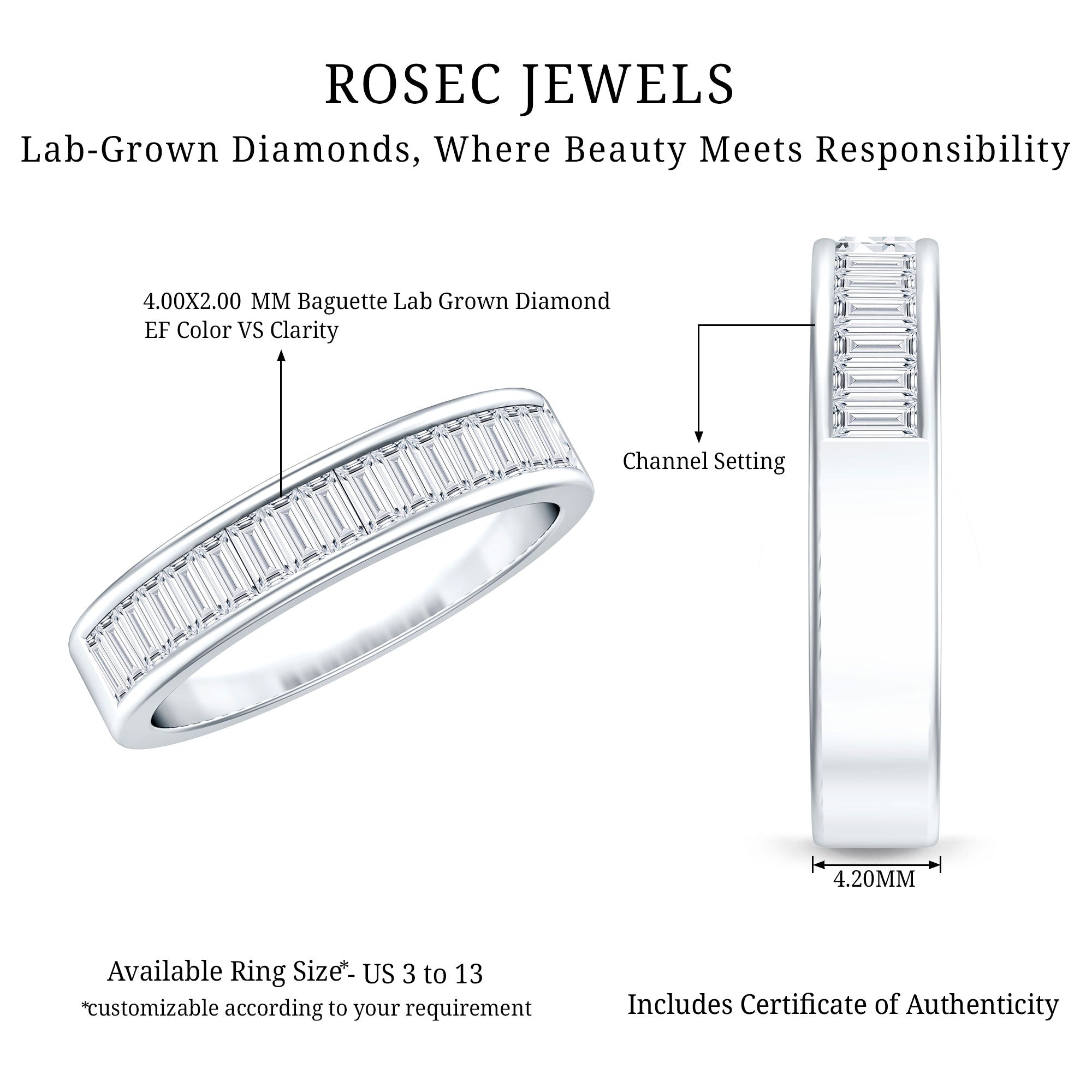 1 CT Baguette Cut Lab Grown Diamond Half Eternity Band Lab - ( EF-VS ) - Rosec Jewels