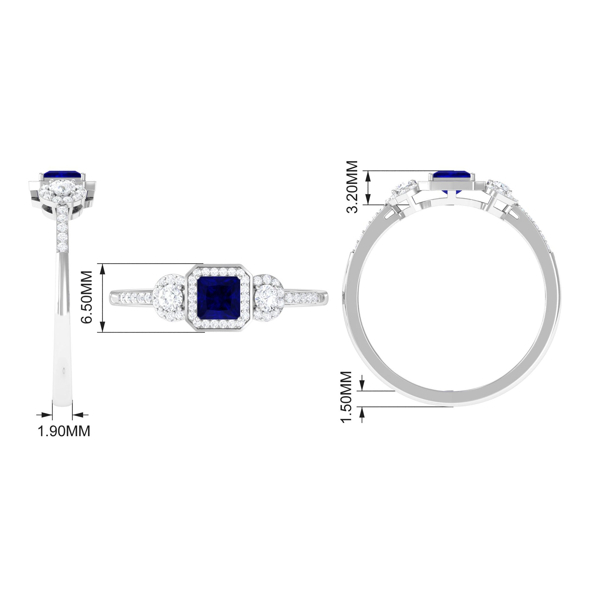 Real Blue Sapphire Princess Cut Blue Sapphire Engagement Ring with Diamond AAA - Rosec Jewels