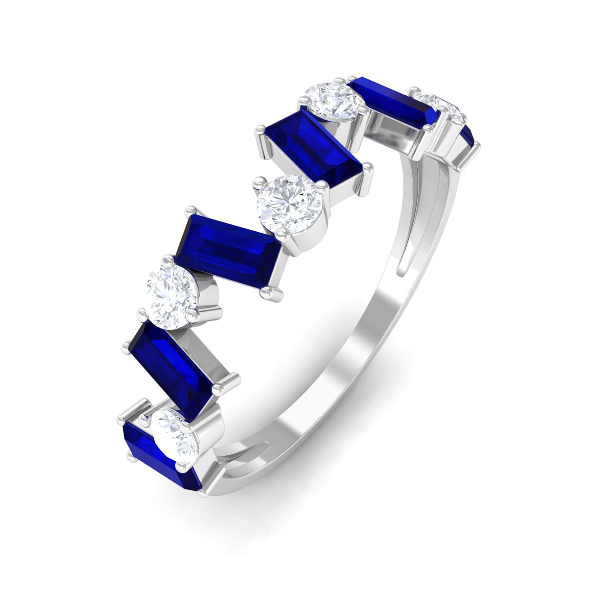 Genuine Baguette Blue Sapphire Half Eternity Ring with Diamond AAA - Rosec Jewels