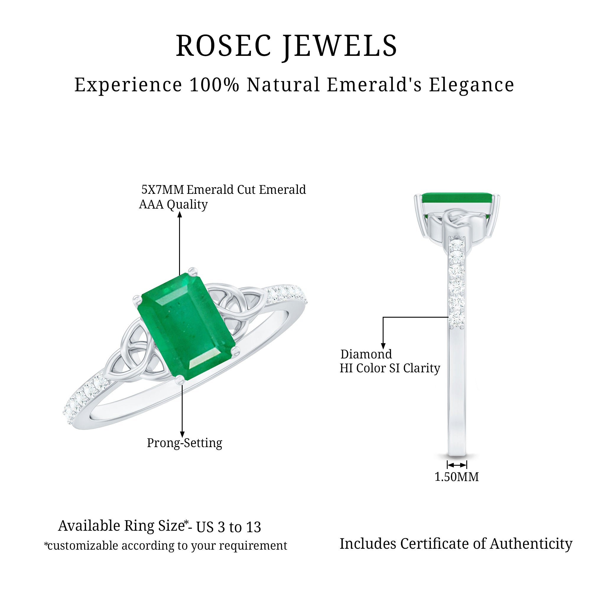 Natural 5X7mm Emerald Cut Emerald Diamond Engagement Ring with Celtic Knot AAA - Rosec Jewels
