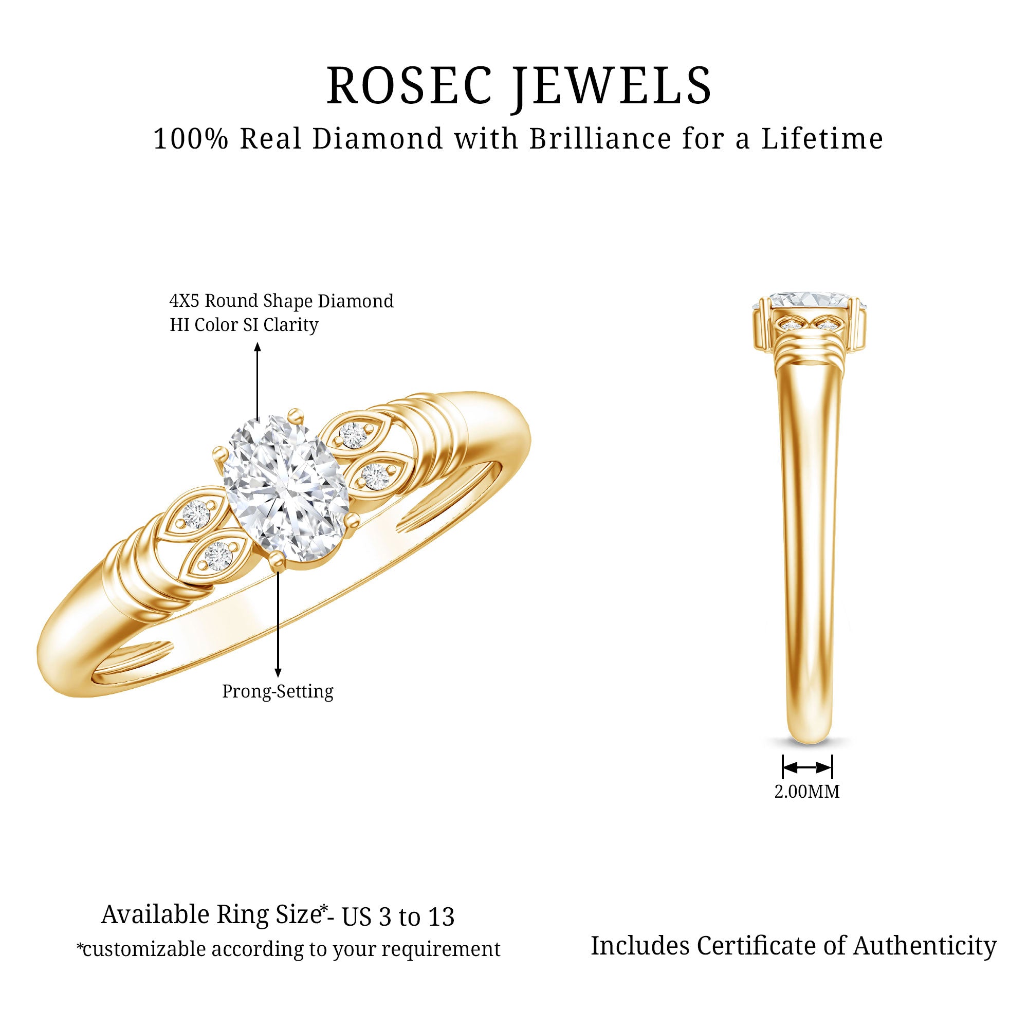 Natural Oval Cut Diamond Solitaire Engagement Ring Natural - ( HI-SI ) - Rosec Jewels