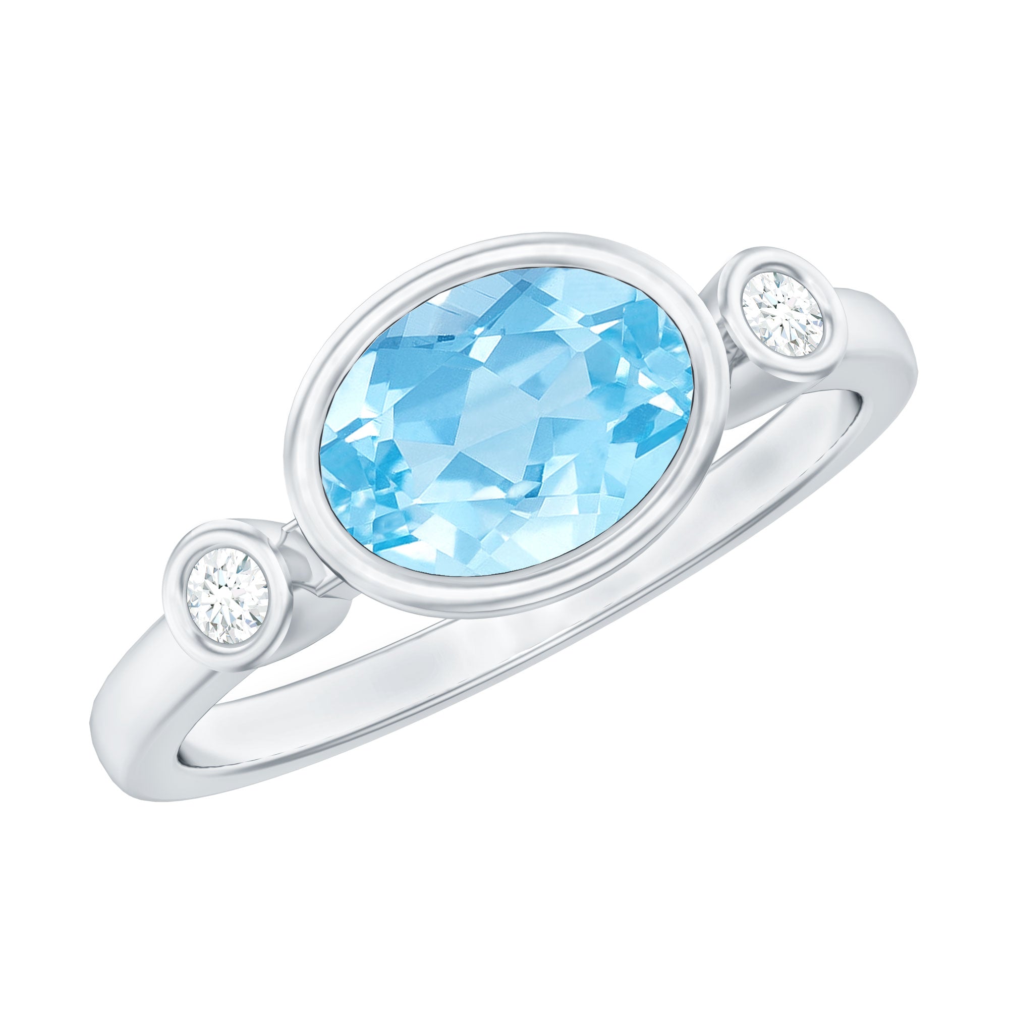 Bezel Set Aquamarine and Diamond East West Engagement Ring