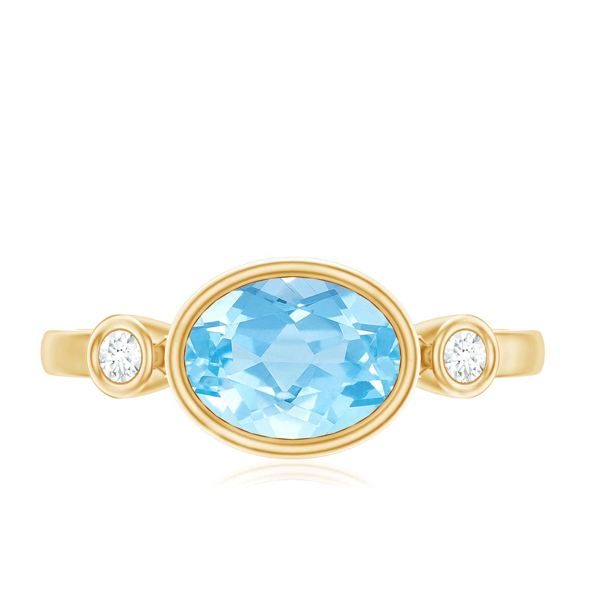 Bezel Set Aquamarine and Diamond East West Engagement Ring AAA - Rosec Jewels