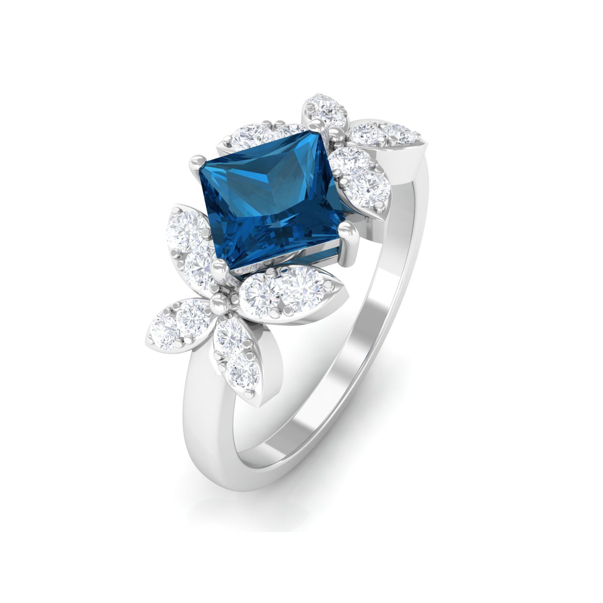 1.50 CT Princess Cut London Blue Topaz and Diamond Floral Engagement Ring London Blue Topaz - ( AAA ) - Quality - Rosec Jewels