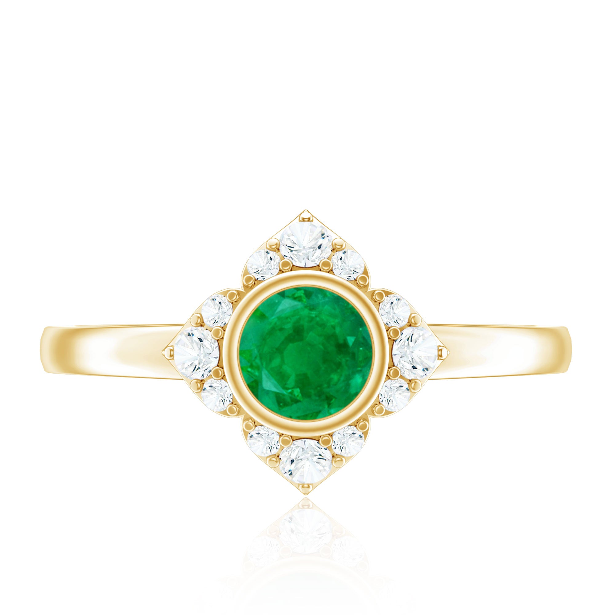 Natural Bezel Set 5mm Emerald Flower Engagement Ring with Diamond AAA - Rosec Jewels