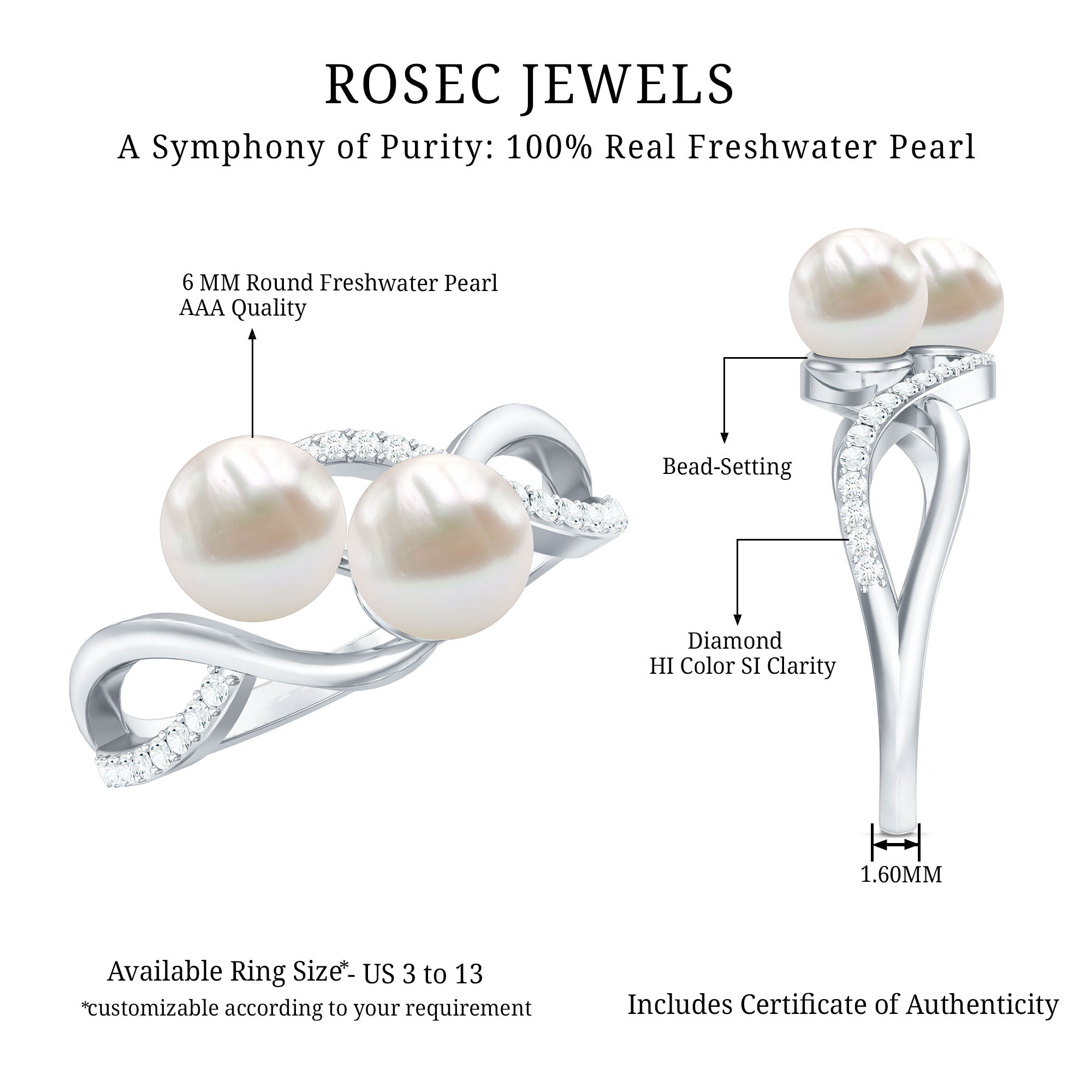 Rosec Jewels-Cultured Freshwater Pearl Toi Et Moi Engagement Ring with Diamond