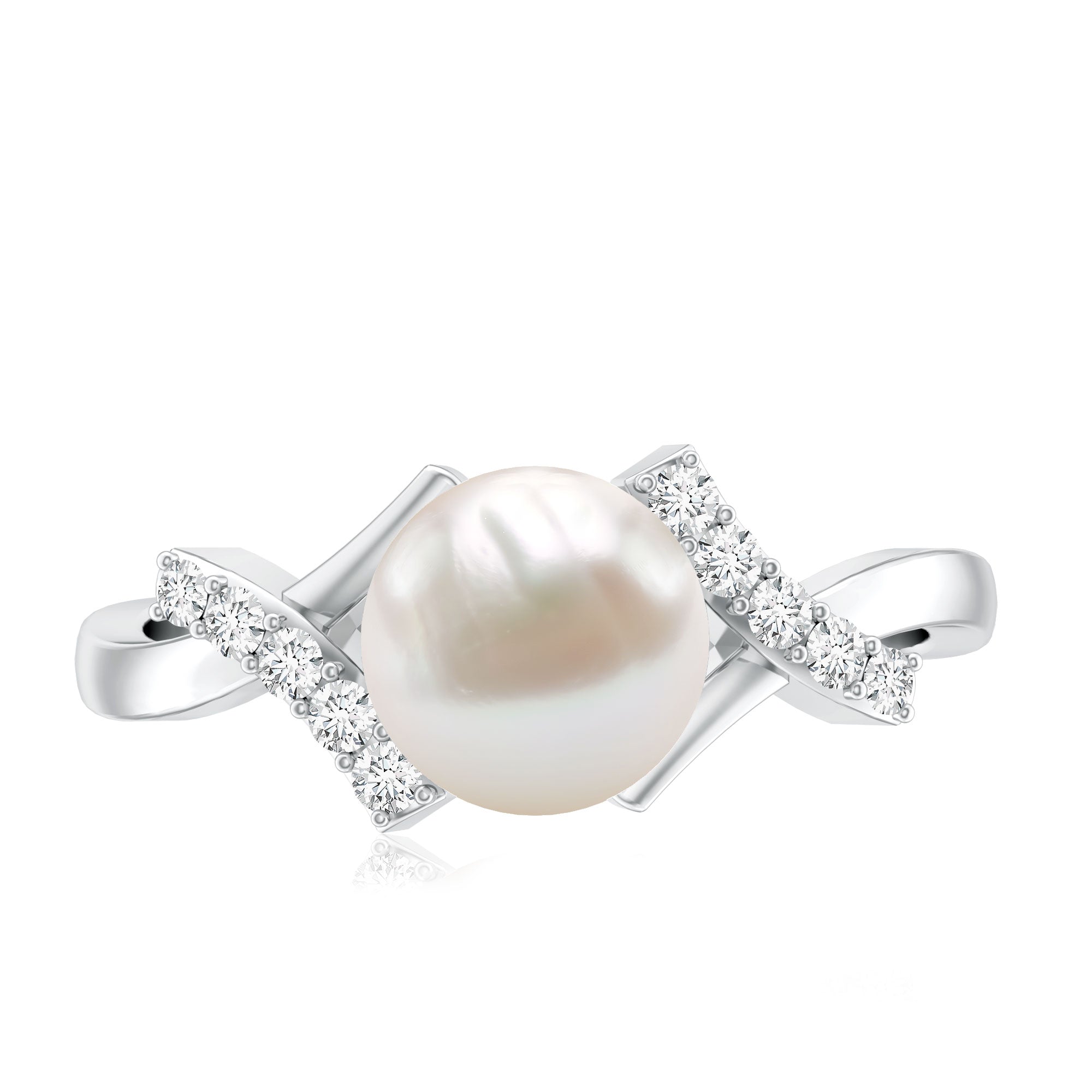 Freshwater Pearl Solitaire Crossover Engagement Ring with Diamond AAA - Rosec Jewels