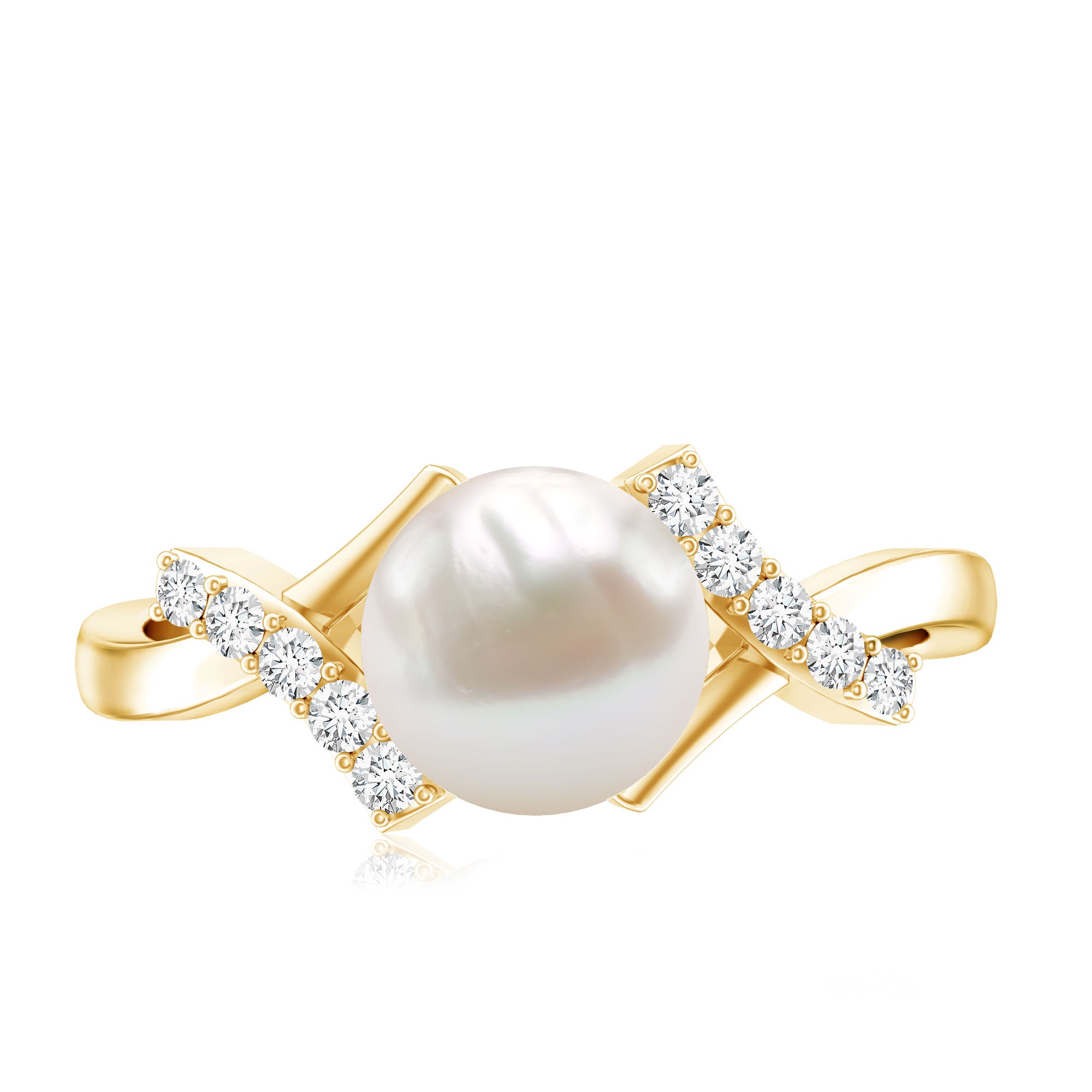 Freshwater Pearl Solitaire Crossover Engagement Ring with Diamond AAA - Rosec Jewels