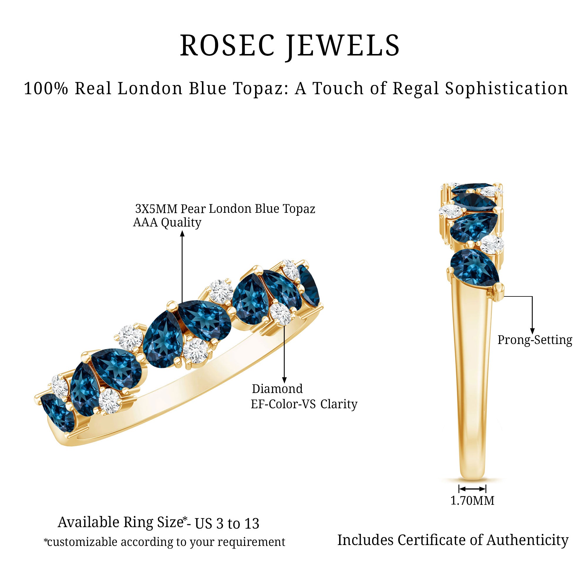 Pear Shape London Blue Topaz Half Eternity Band with Lab Made Diamond AAA - Rosec Jewels
