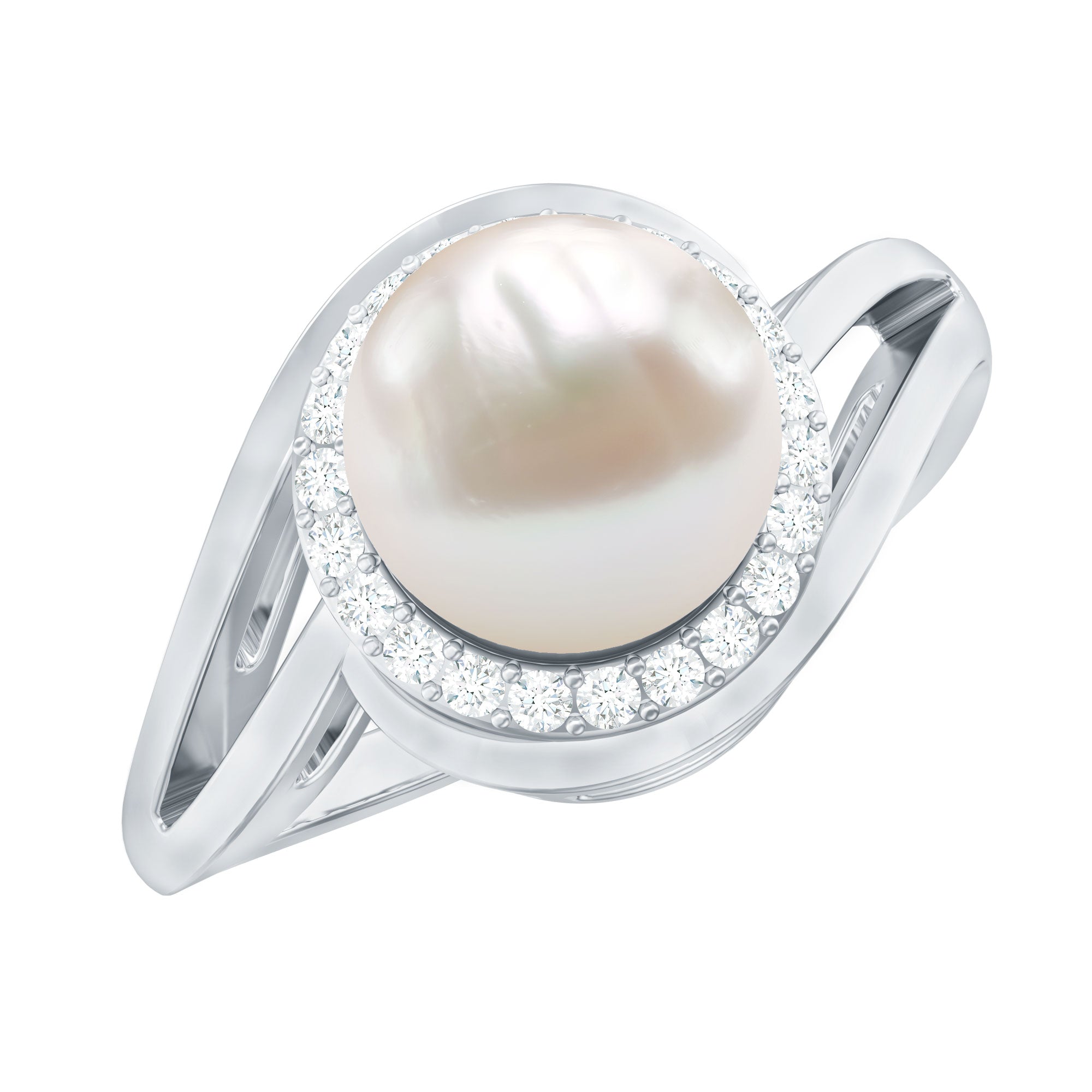 Cultured White 7.4 Carat Freshwater Pearl Diamond Engagement Ring with Bypass Shank AAA - Rosec Jewels