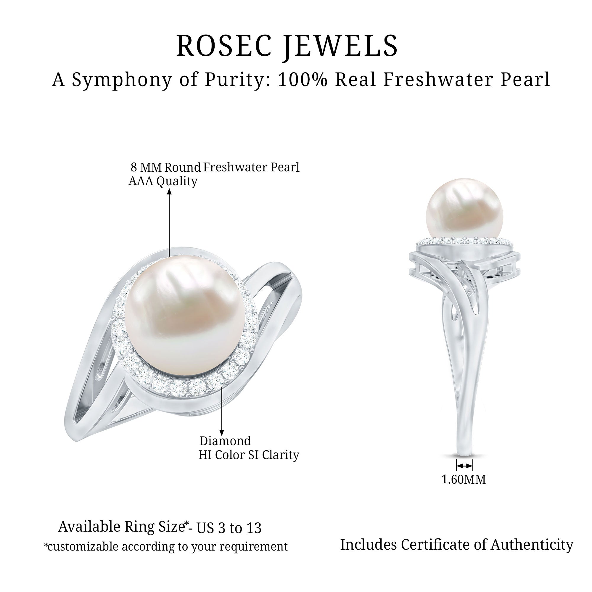 Cultured White 7.4 Carat Freshwater Pearl Diamond Engagement Ring with Bypass Shank AAA - Rosec Jewels