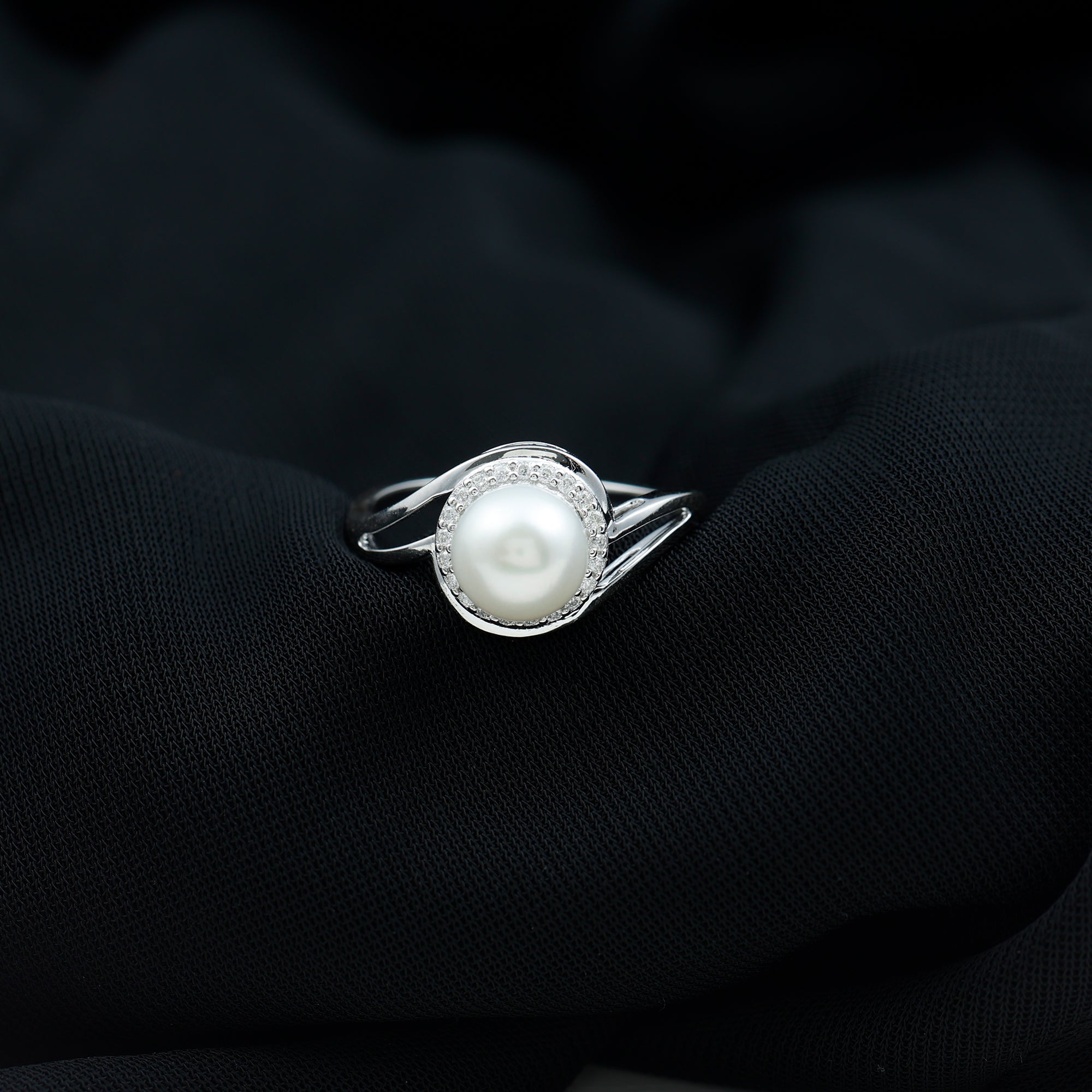 Cultured White 7.4 Carat Freshwater Pearl Diamond Engagement Ring with Bypass Shank AAA - Rosec Jewels