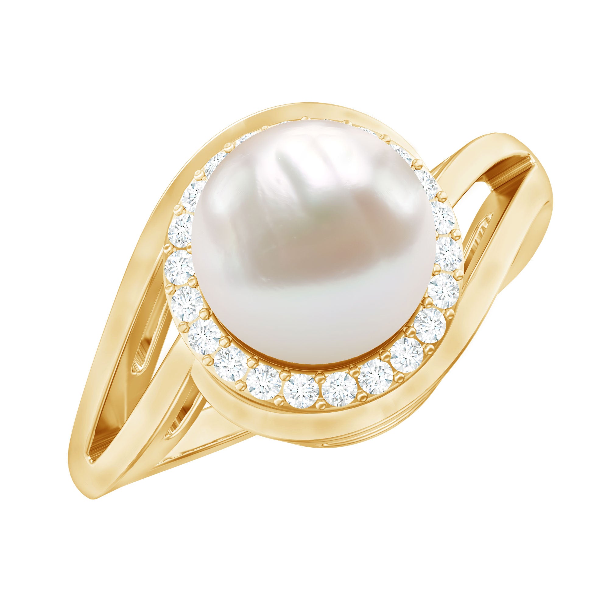 Cultured White 7.4 Carat Freshwater Pearl Diamond Engagement Ring with Bypass Shank AAA - Rosec Jewels