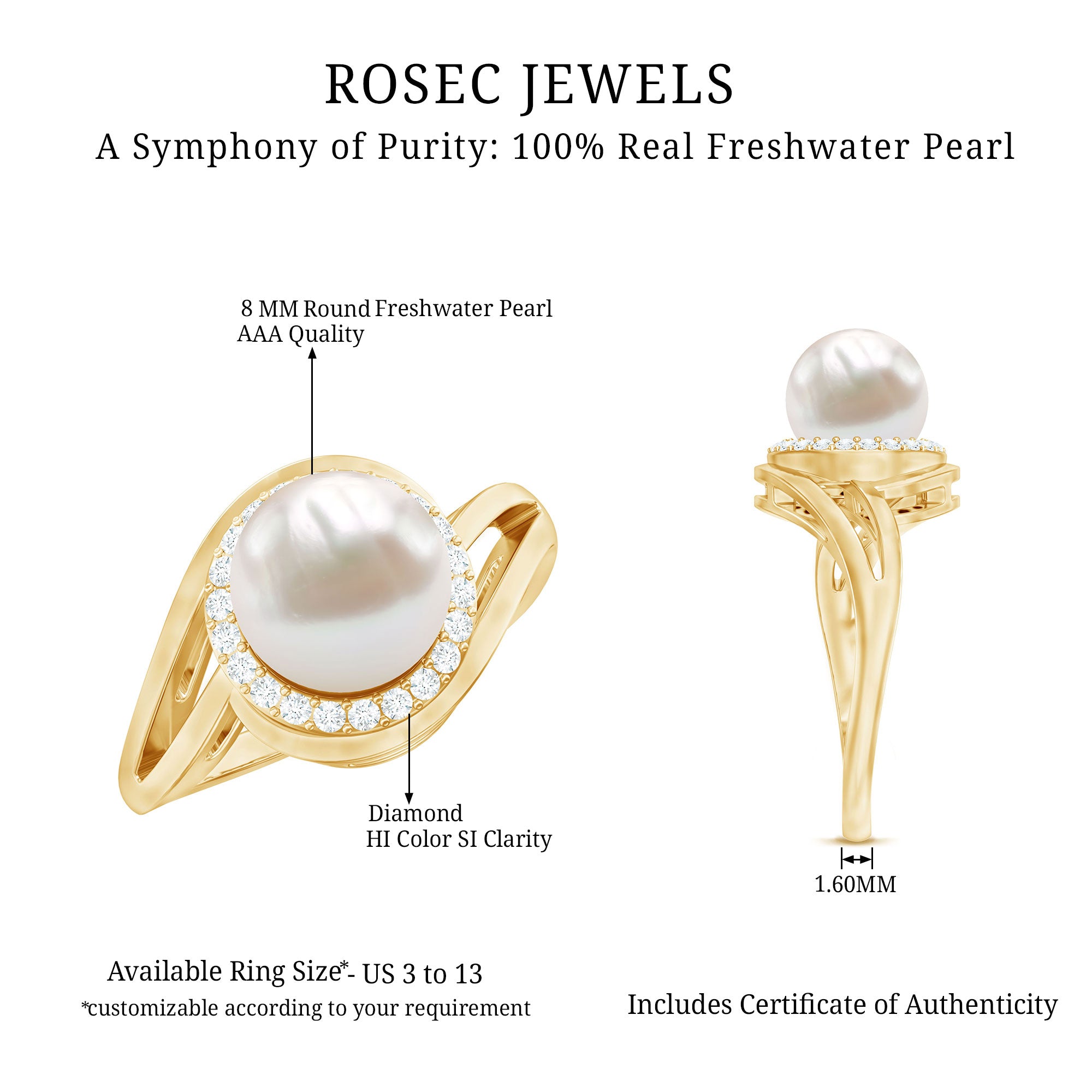 Cultured White 7.4 Carat Freshwater Pearl Diamond Engagement Ring with Bypass Shank AAA - Rosec Jewels