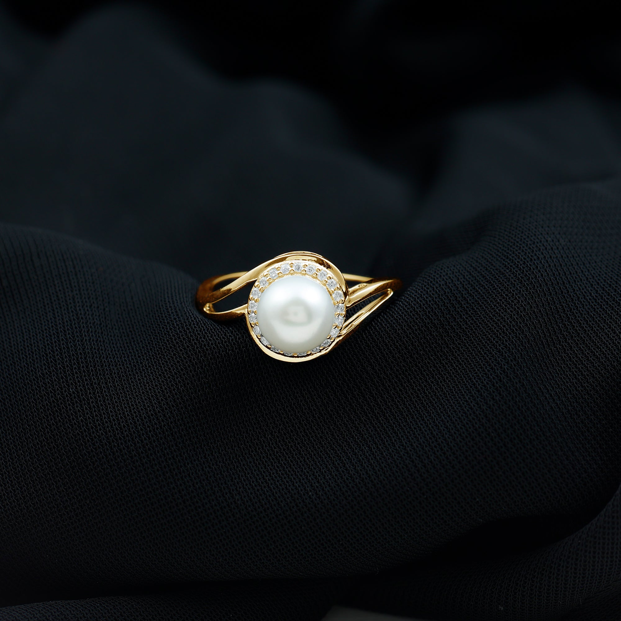 Cultured White 7.4 Carat Freshwater Pearl Diamond Engagement Ring with Bypass Shank AAA - Rosec Jewels