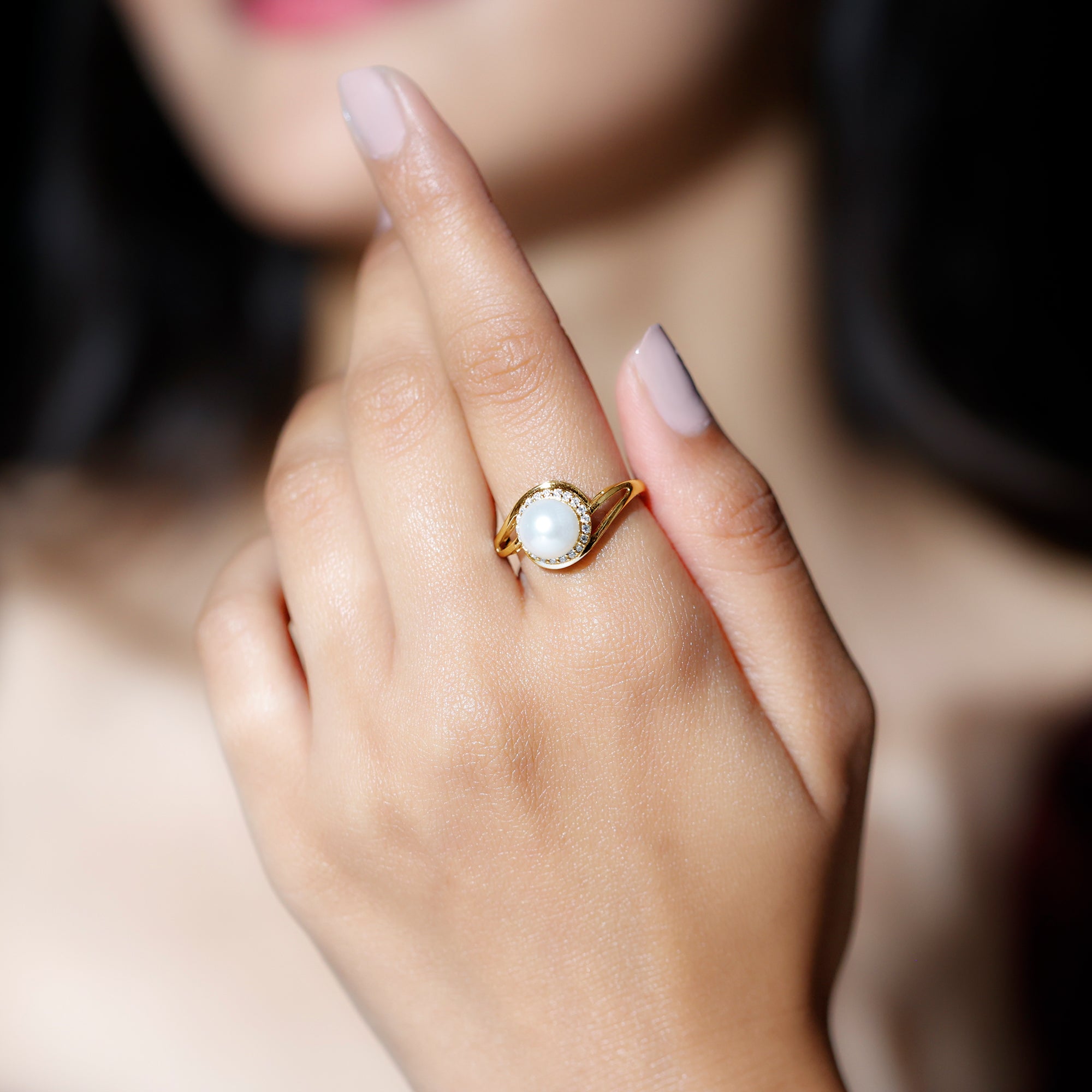 Cultured White 7.4 Carat Freshwater Pearl Diamond Engagement Ring with Bypass Shank AAA - Rosec Jewels