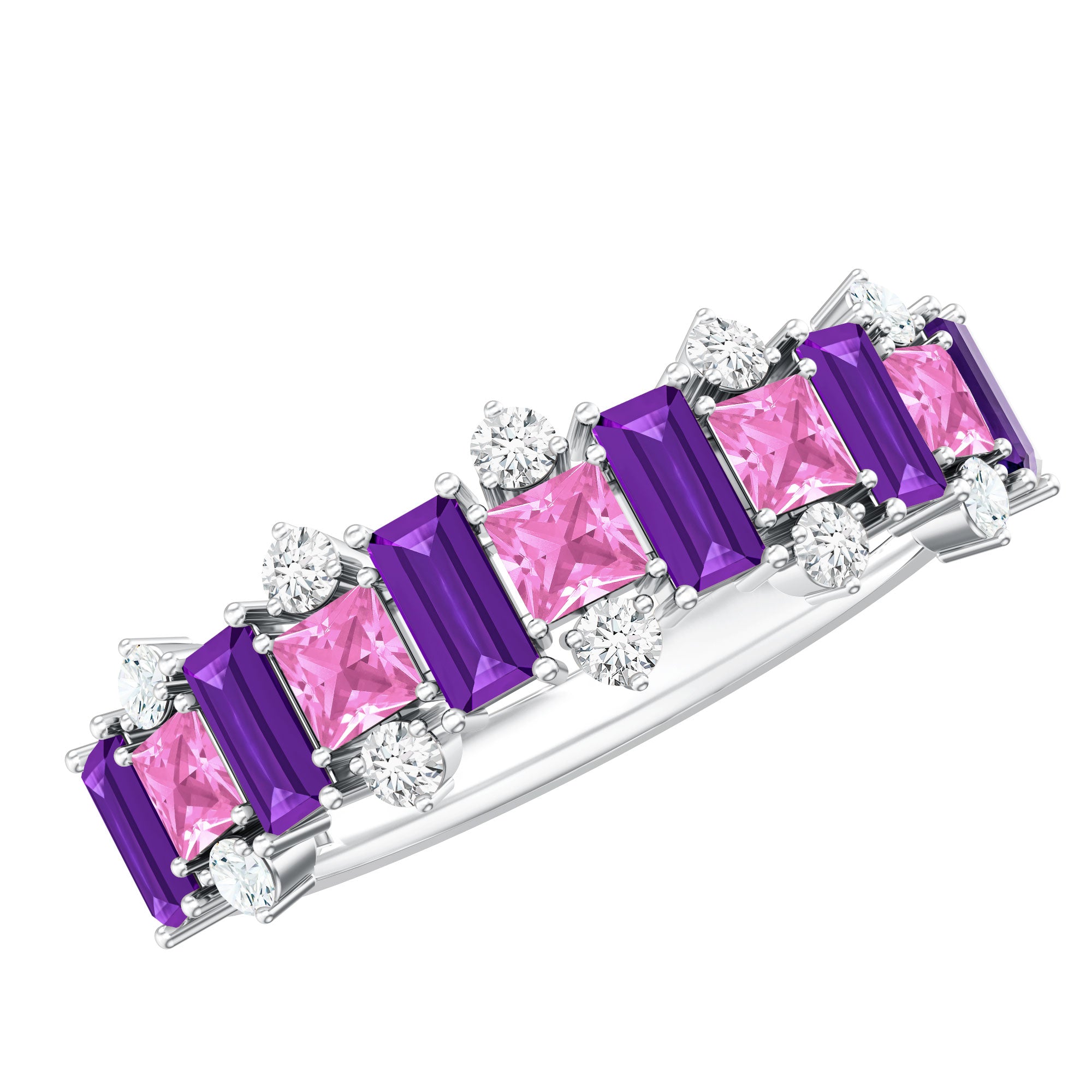 Lab Created Pink Sapphire and Amethyst Half Eternity Band with Diamond AAAA - Rosec Jewels