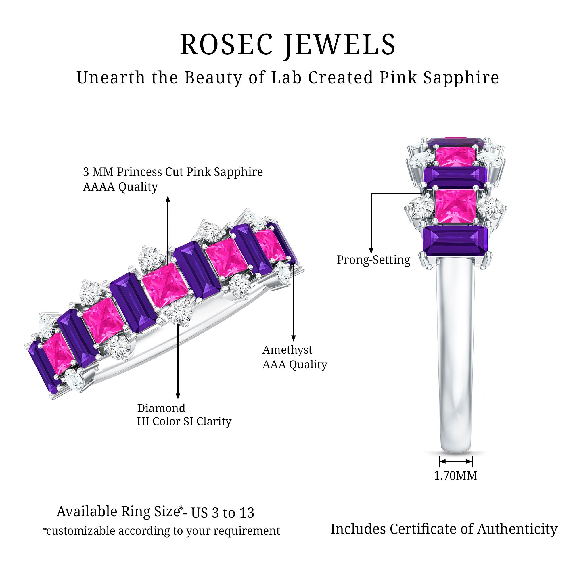Lab Created Pink Sapphire and Amethyst Half Eternity Band with Diamond AAAA - Rosec Jewels