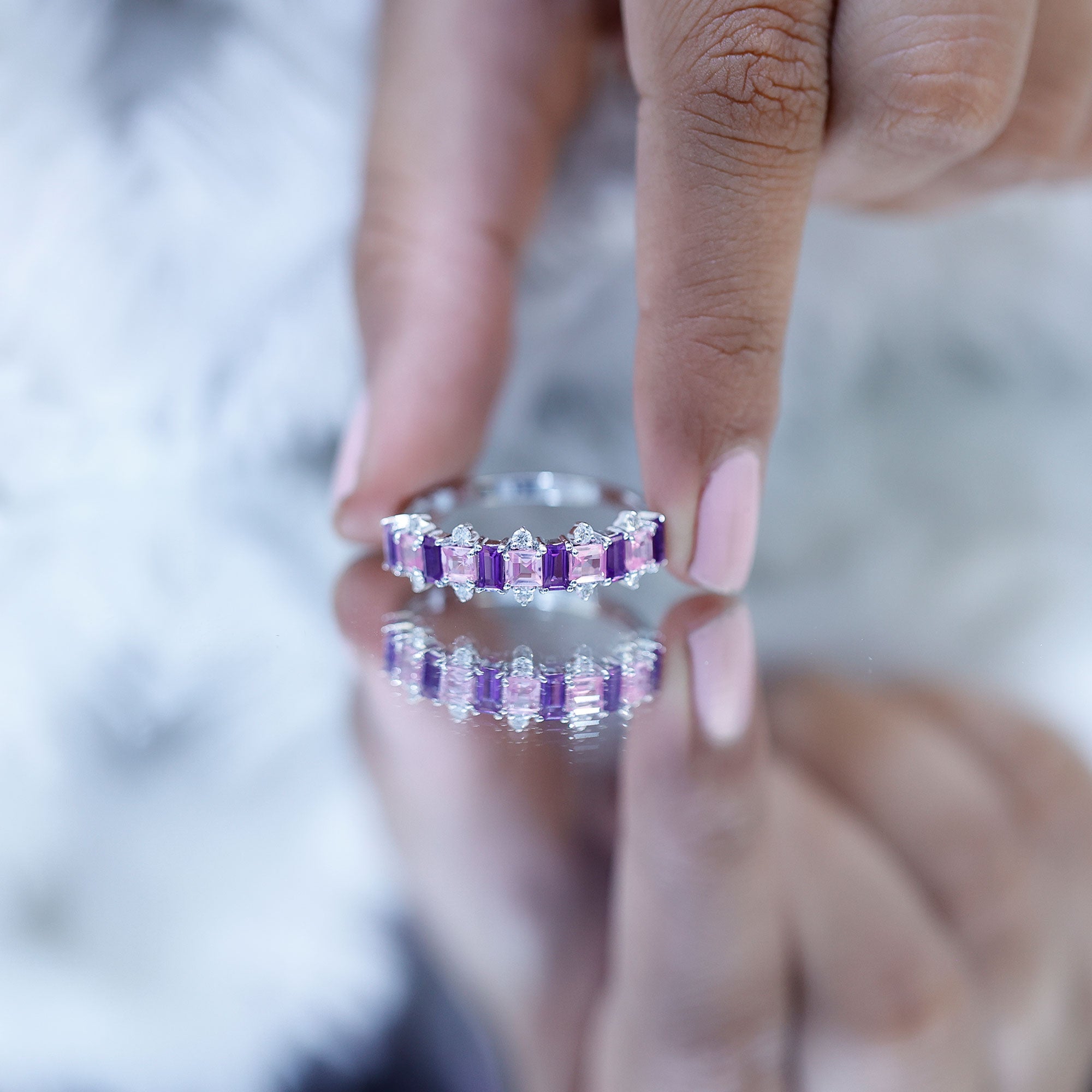 Lab Created Pink Sapphire and Amethyst Half Eternity Band with Diamond AAAA - Rosec Jewels